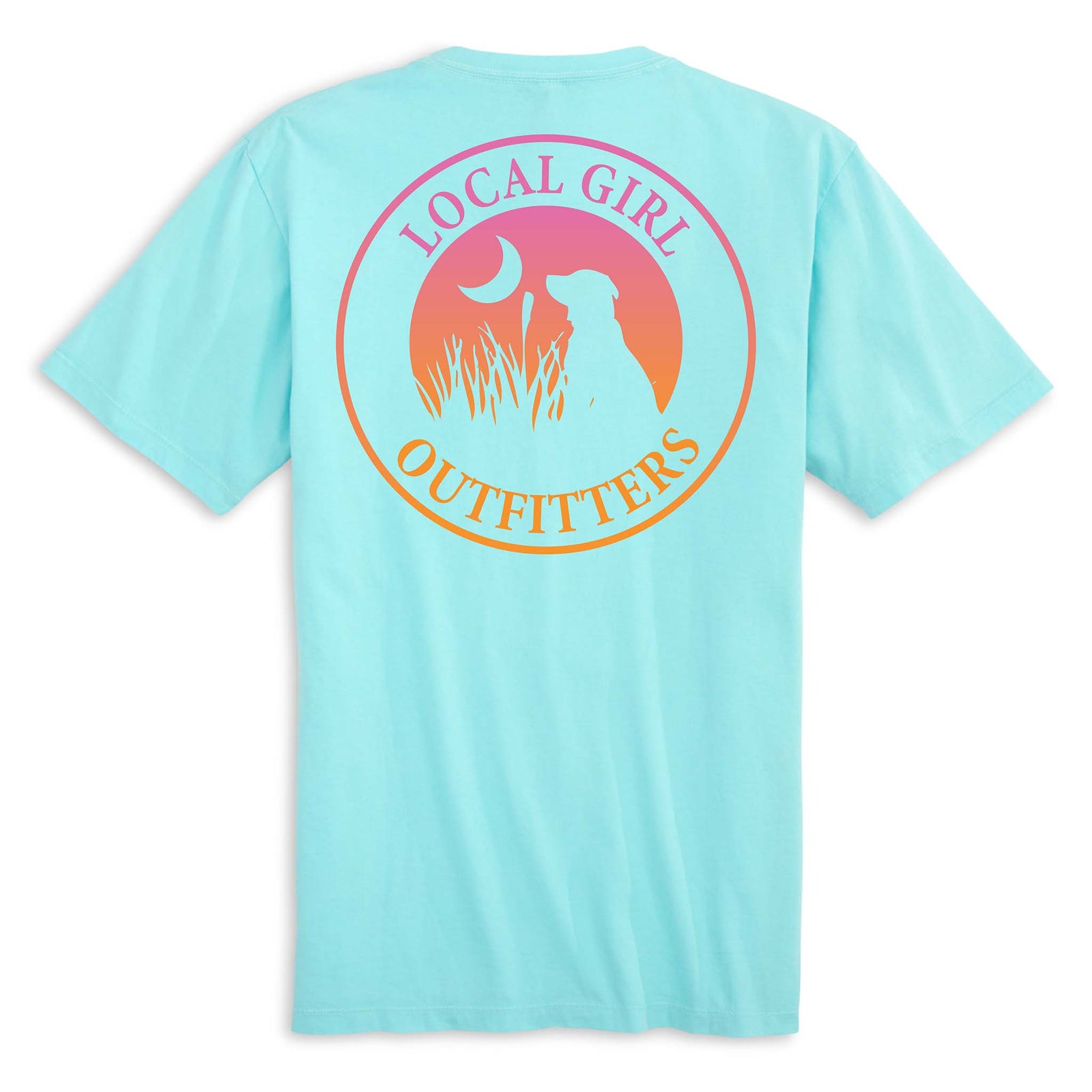 Local Girl Sunset Short Sleeve T-Shirt in aqua.  Featuring a Local Girl logo in vibrant gradient colors ranging from pink to orange, this 100% cotton t-shirt is perfect for all-day comfort.