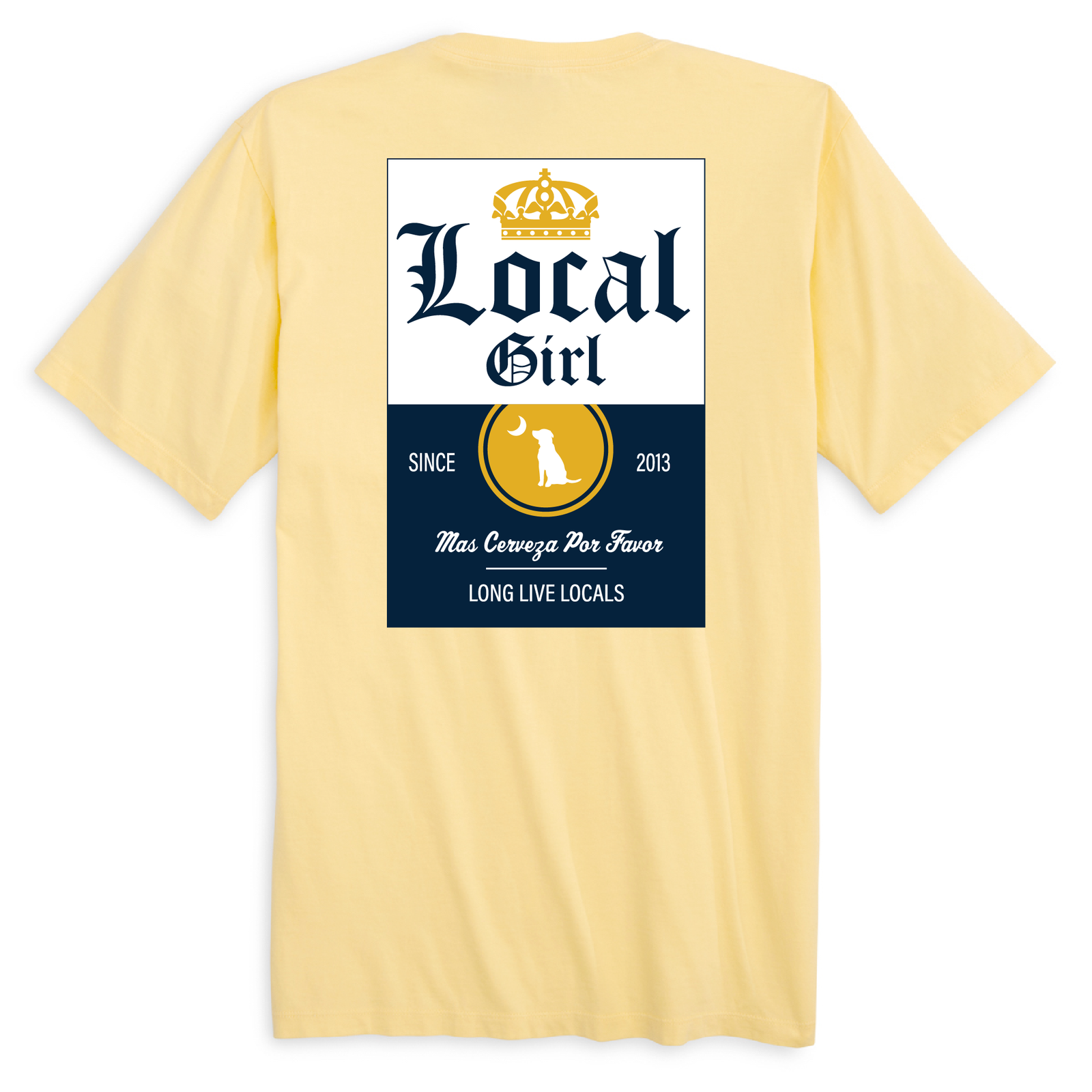Yellow t-shirt with a printed design on the back featuring text and graphics.