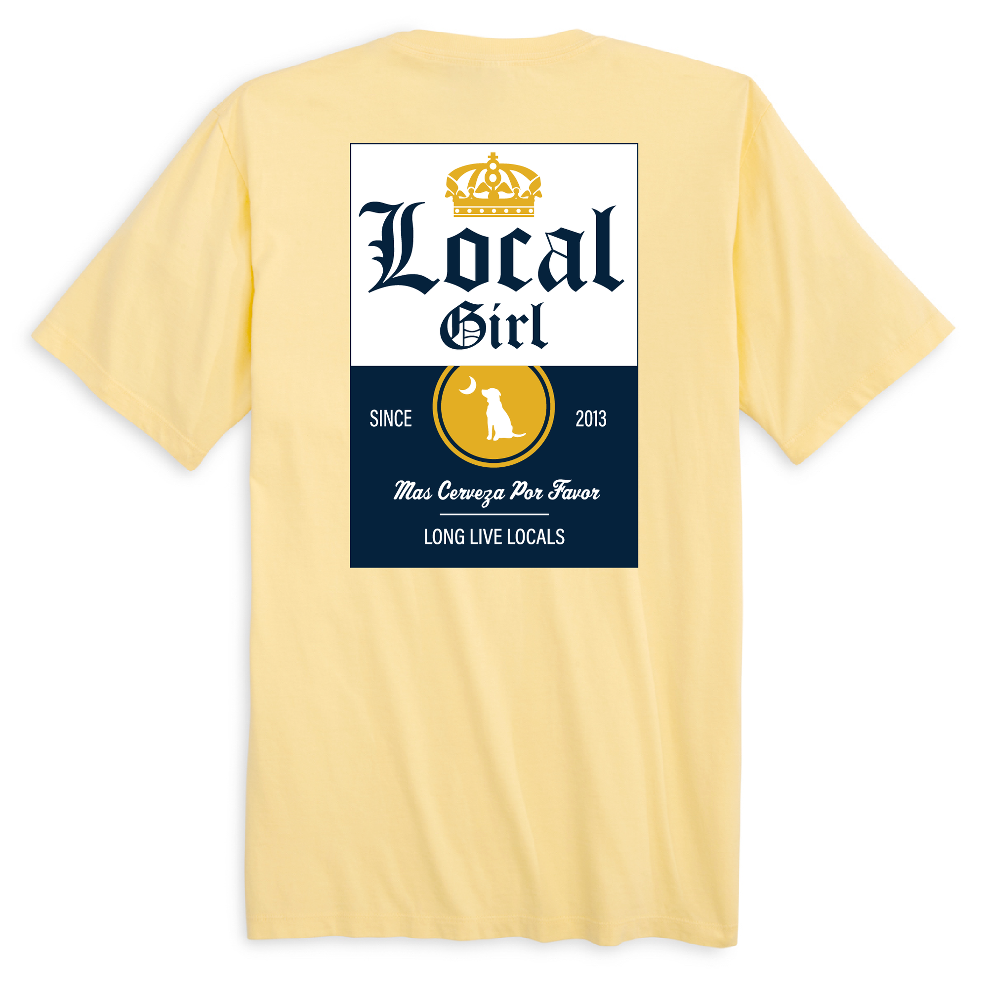 Yellow t-shirt with a printed design on the back featuring text and graphics.