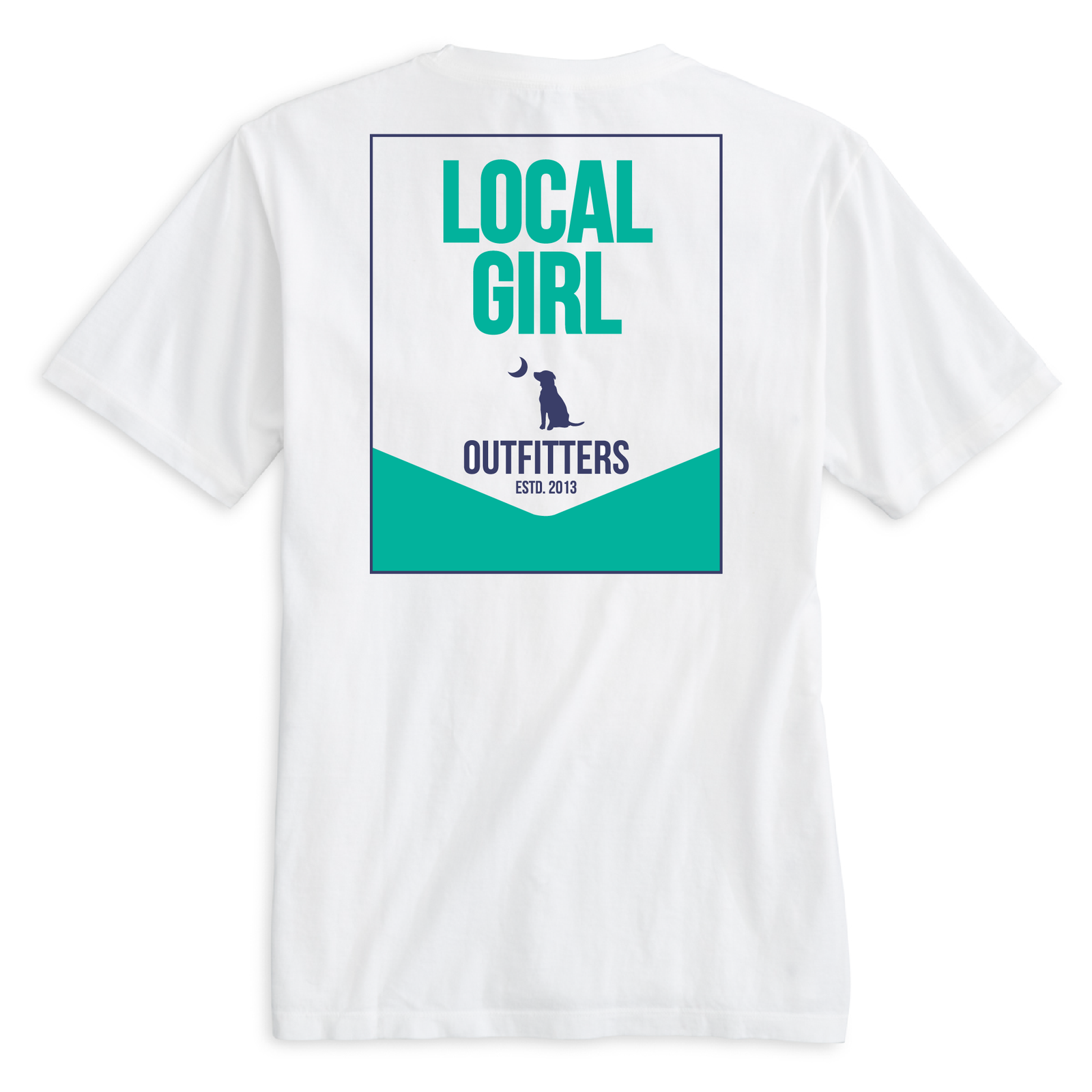 White t-shirt with 'Local Girl Outfitters' logo on the back