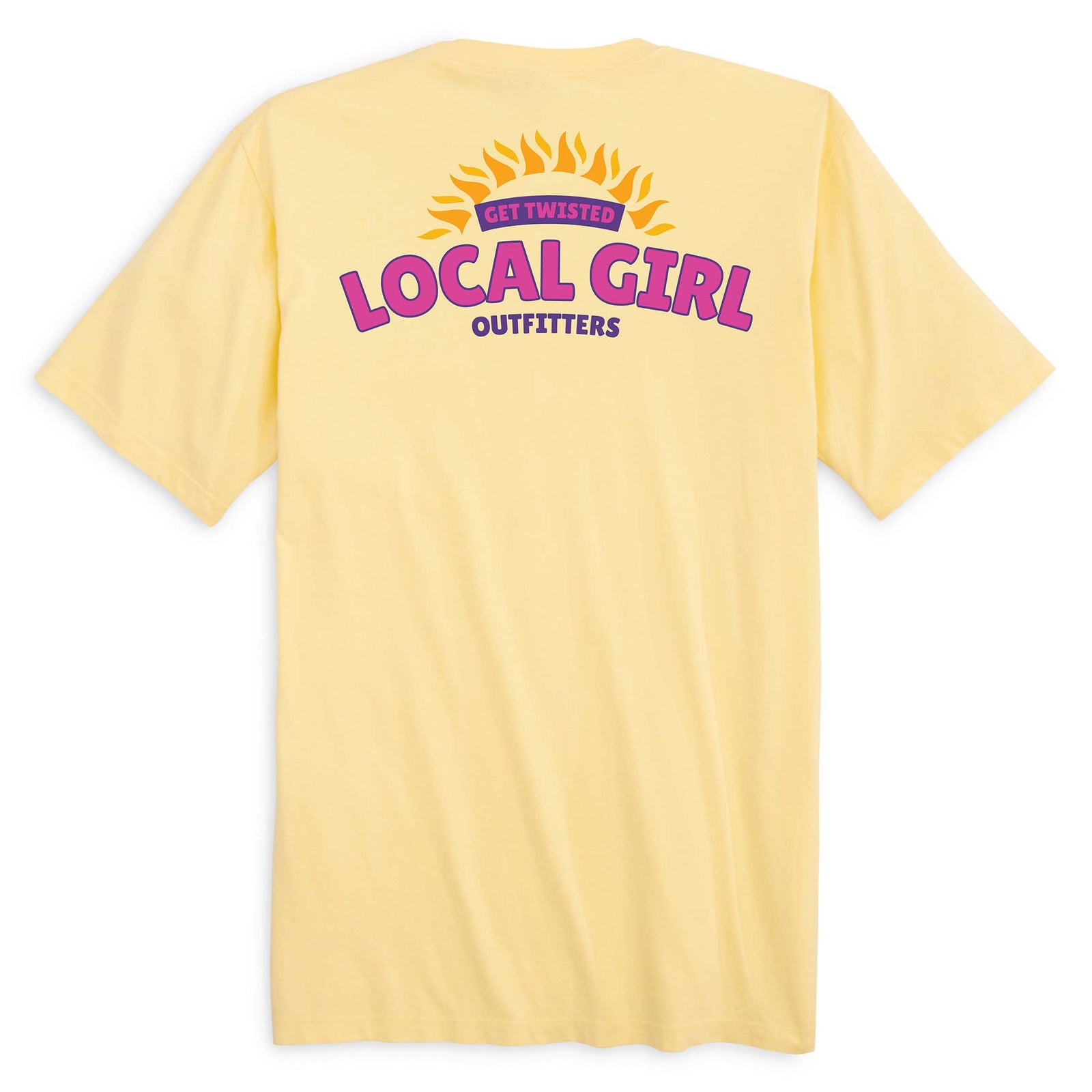 Local Girl Outfitters "twisted" short sleeve t-shirt, color banana yellow, sizes S-XXL, 100% cotton. Back design features a pink and purple sun graphic with “Get Twisted” and bold “Local Girl Outfitters” text.