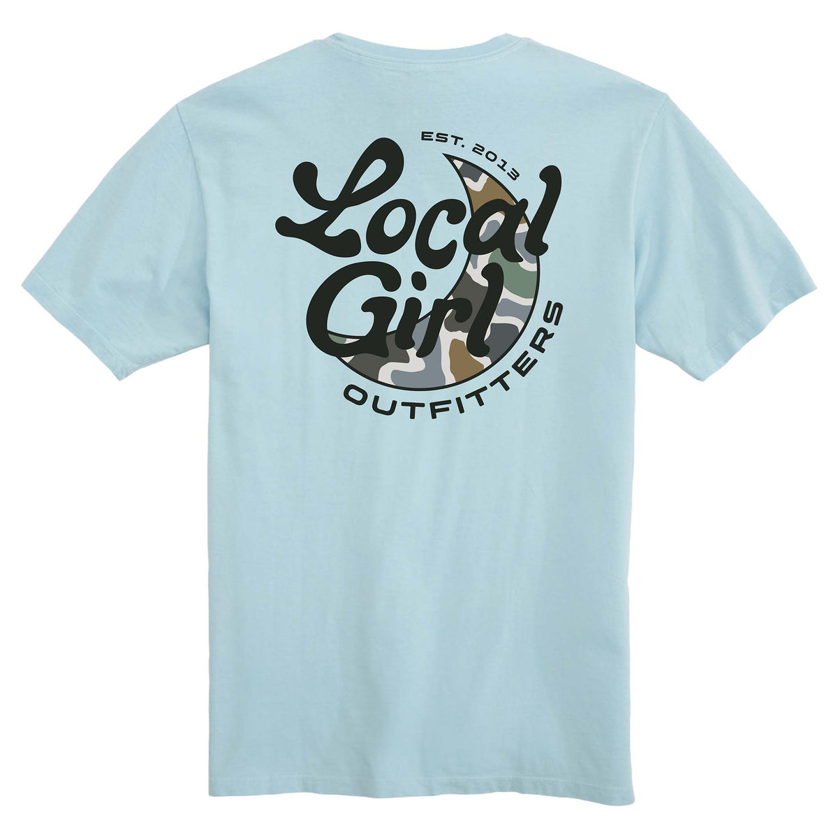 Light blue t-shirt with 'Local Girl Outfitters' logo on the back