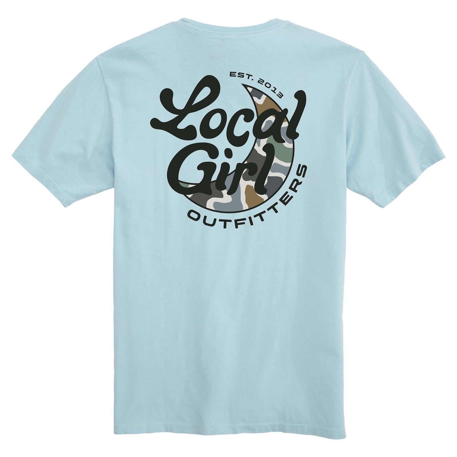 Light blue t-shirt with 'Local Girl Outfitters' logo on the back