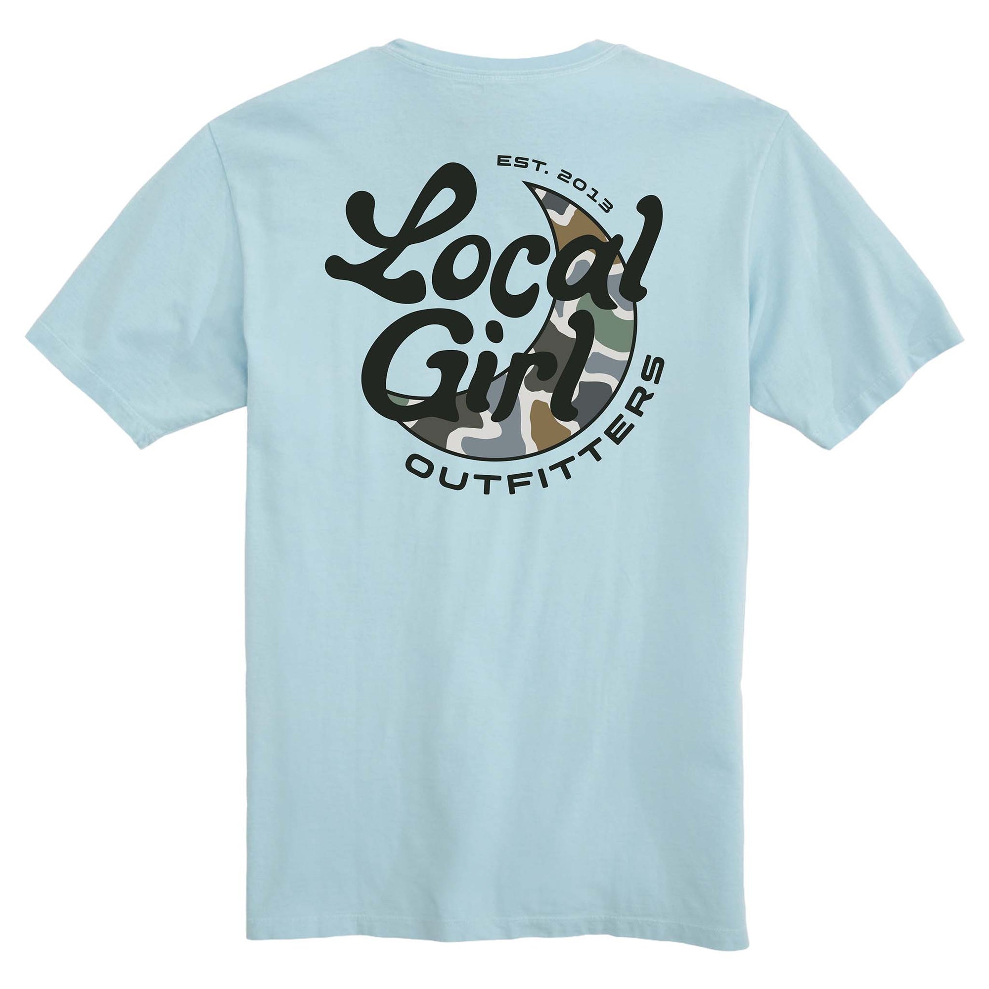 Light blue t-shirt with 'Local Girl Outfitters' logo on the back