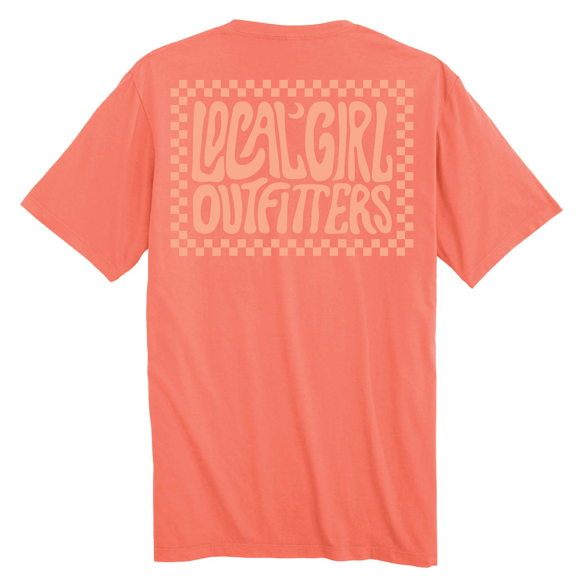 Bright salmon Checkered Charm t-shirt with “Local Girl Outfitters” text inside a checkered border.