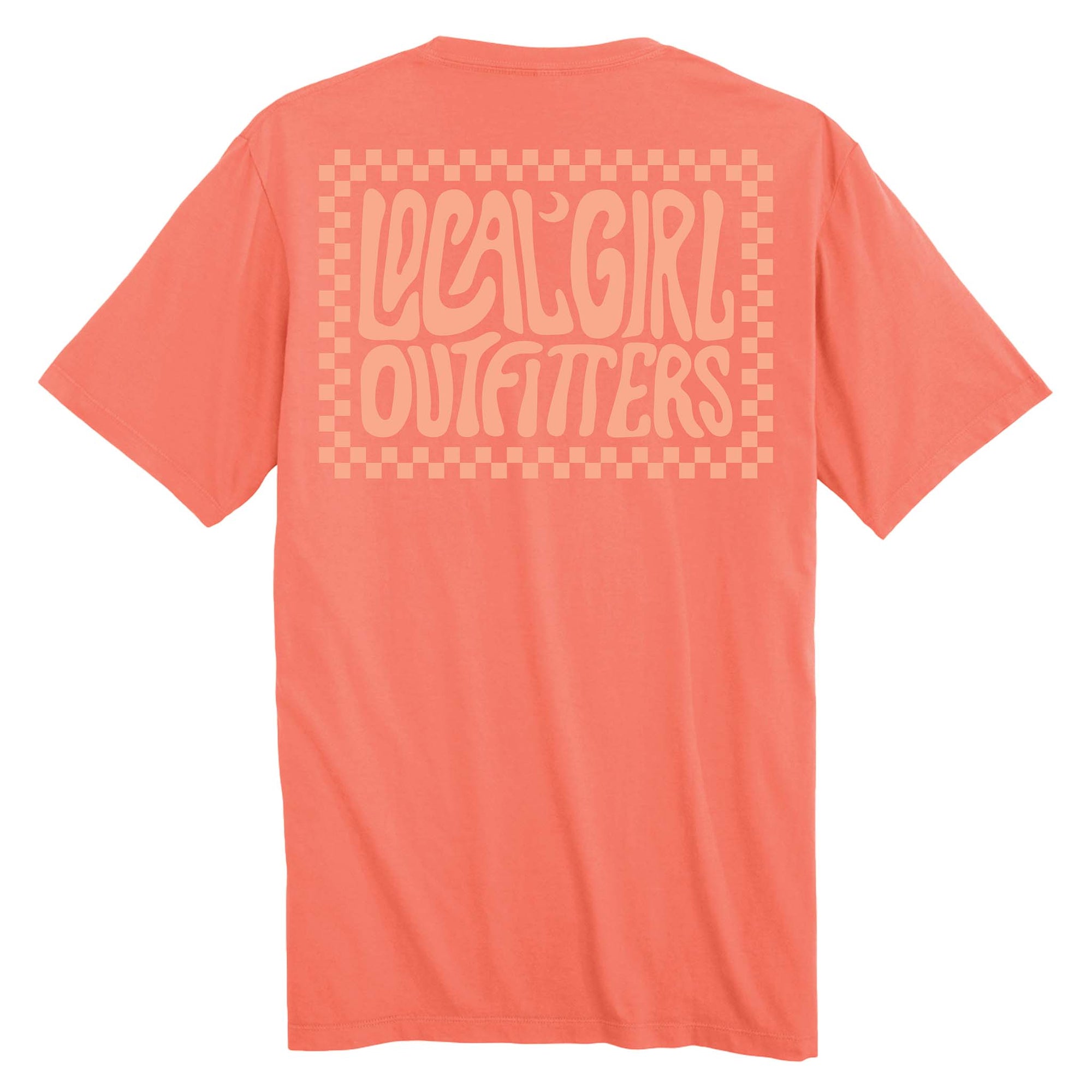 Bright salmon Checkered Charm t-shirt with “Local Girl Outfitters” text inside a checkered border.