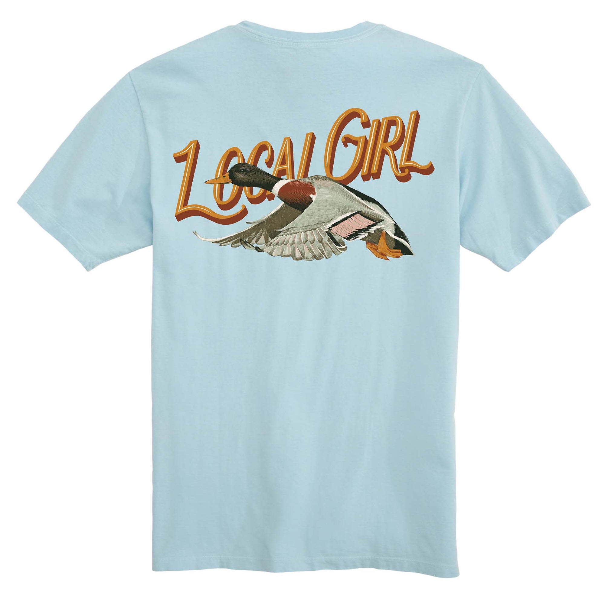 Chambray blue Flying Fowl t-shirt with mallard duck in flight and “Local Girl” text.