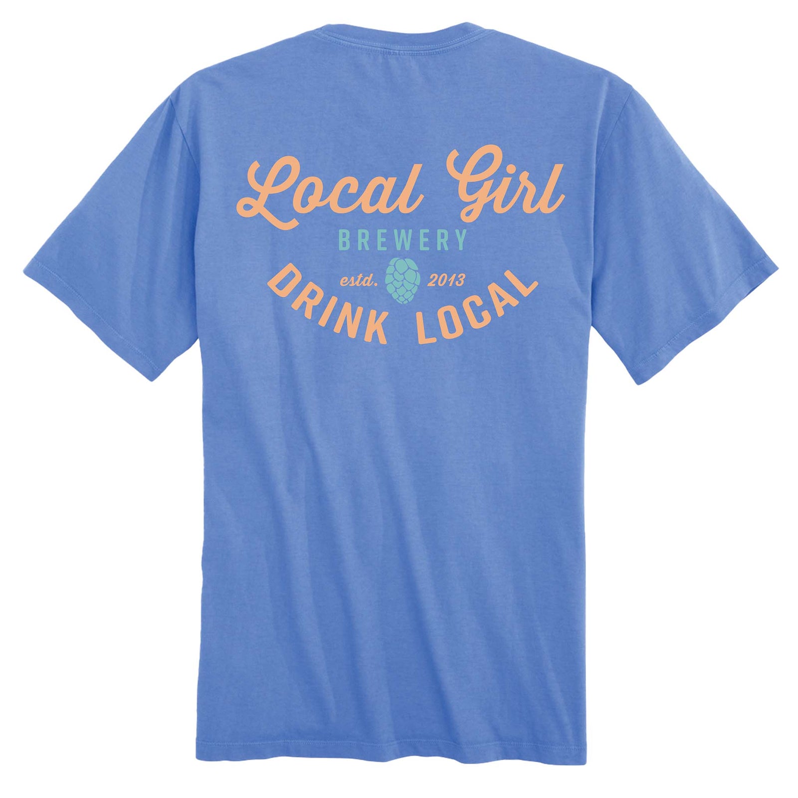 Blue t-shirt with 'Local Girl Brewery' text on the back against a white background