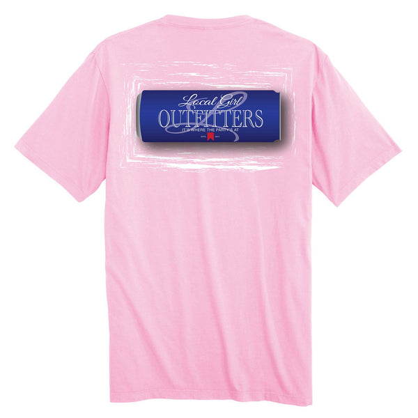 Back view of a light pink t-shirt featuring a large blue can graphic with the words “Local Girl Outfitters” in elegant white script and block font. Below the text, it says “It’s where the party’s at” in smaller white letters. The can graphic is framed by a white brushstroke-style rectangle.