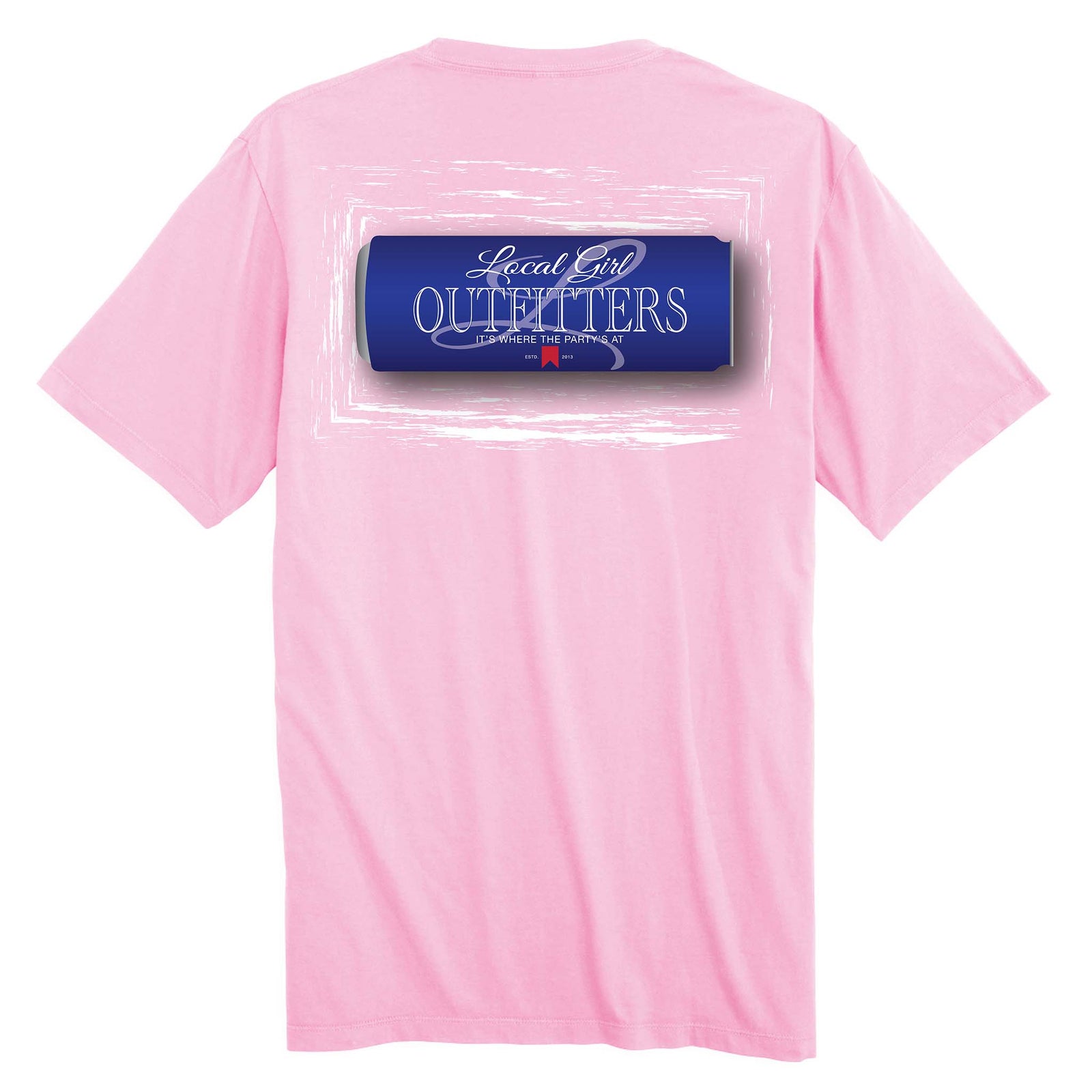 Back view of a light pink t-shirt featuring a large blue can graphic with the words “Local Girl Outfitters” in elegant white script and block font. Below the text, it says “It’s where the party’s at” in smaller white letters. The can graphic is framed by a white brushstroke-style rectangle.