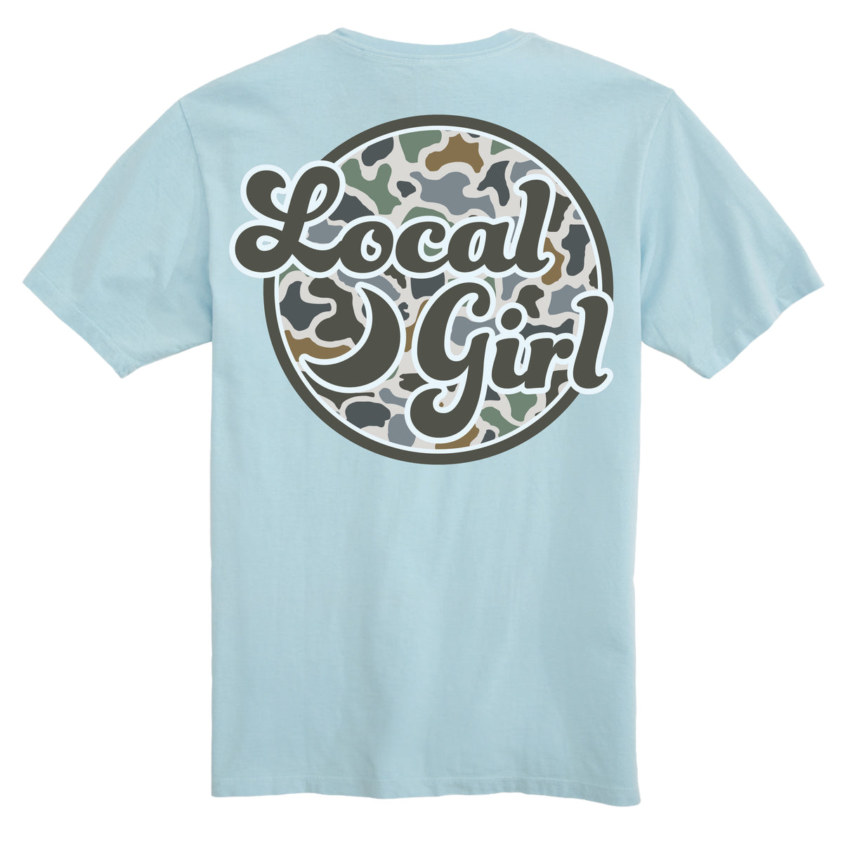 Light blue t-shirt with 'Local Girl' graphic on the back against a white background