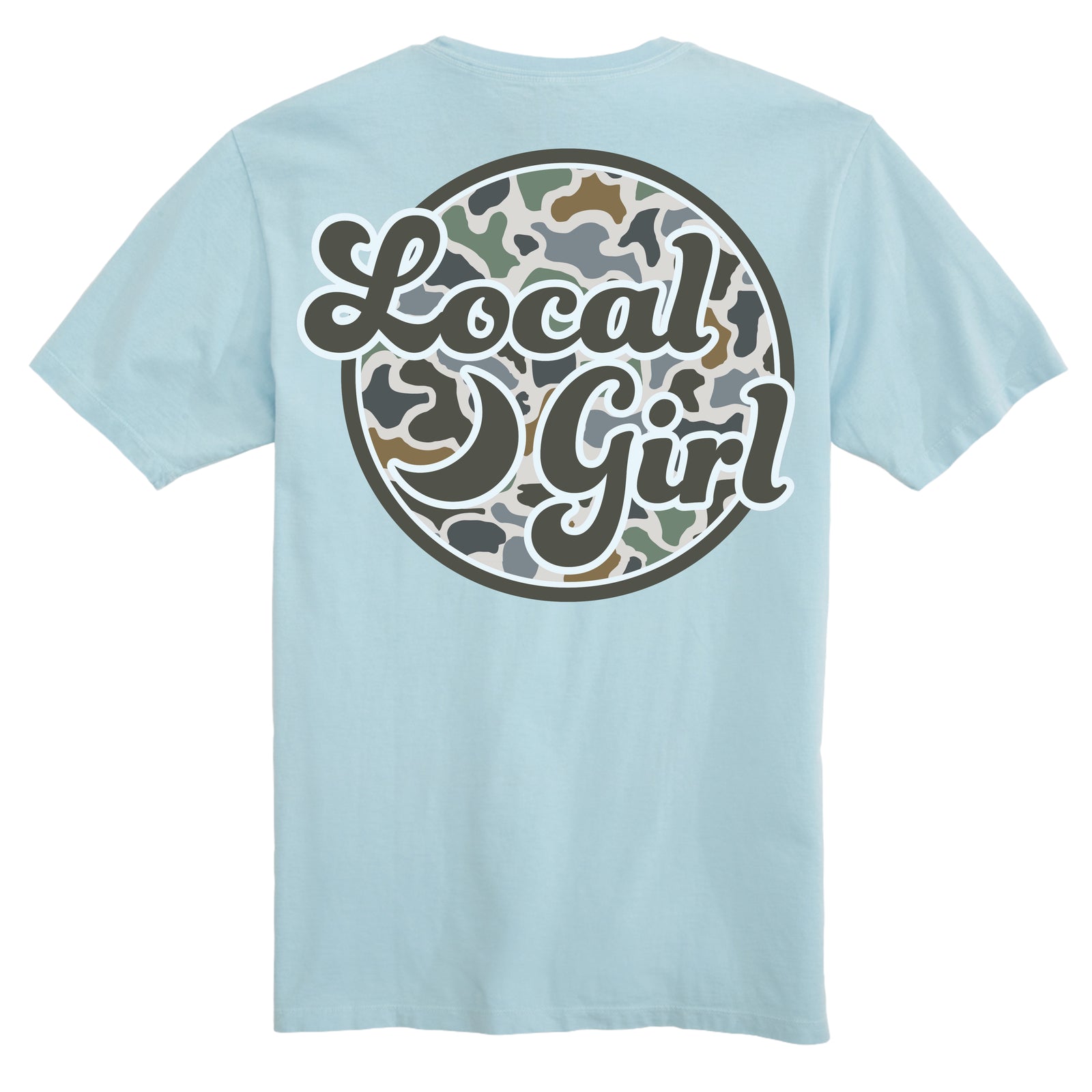 Light blue t-shirt with 'Local Girl' graphic on the back against a white background