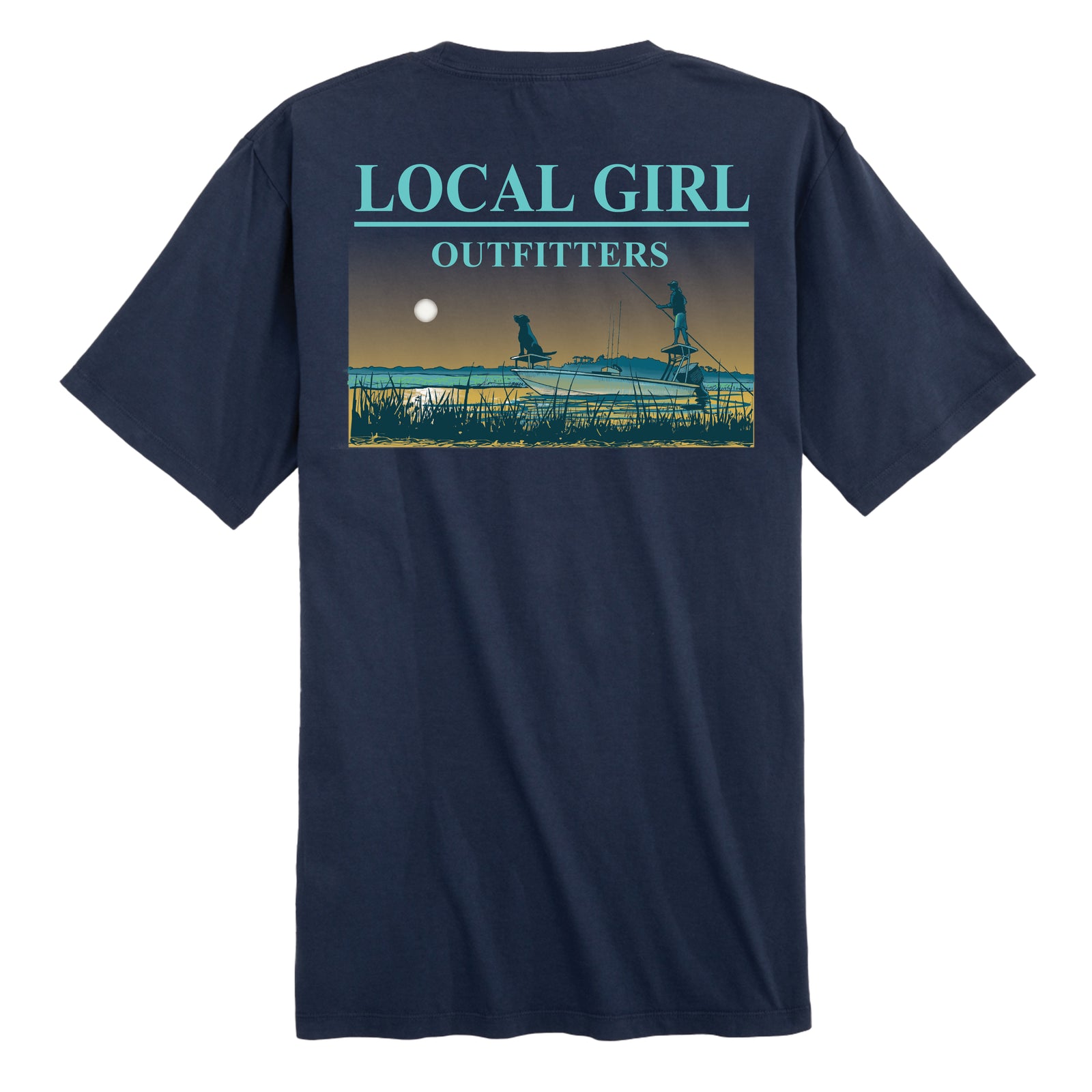 Navy blue t-shirt with 'Local Girl Outfitters' graphic of sunset boating marsh scene on the back shown on a white background.