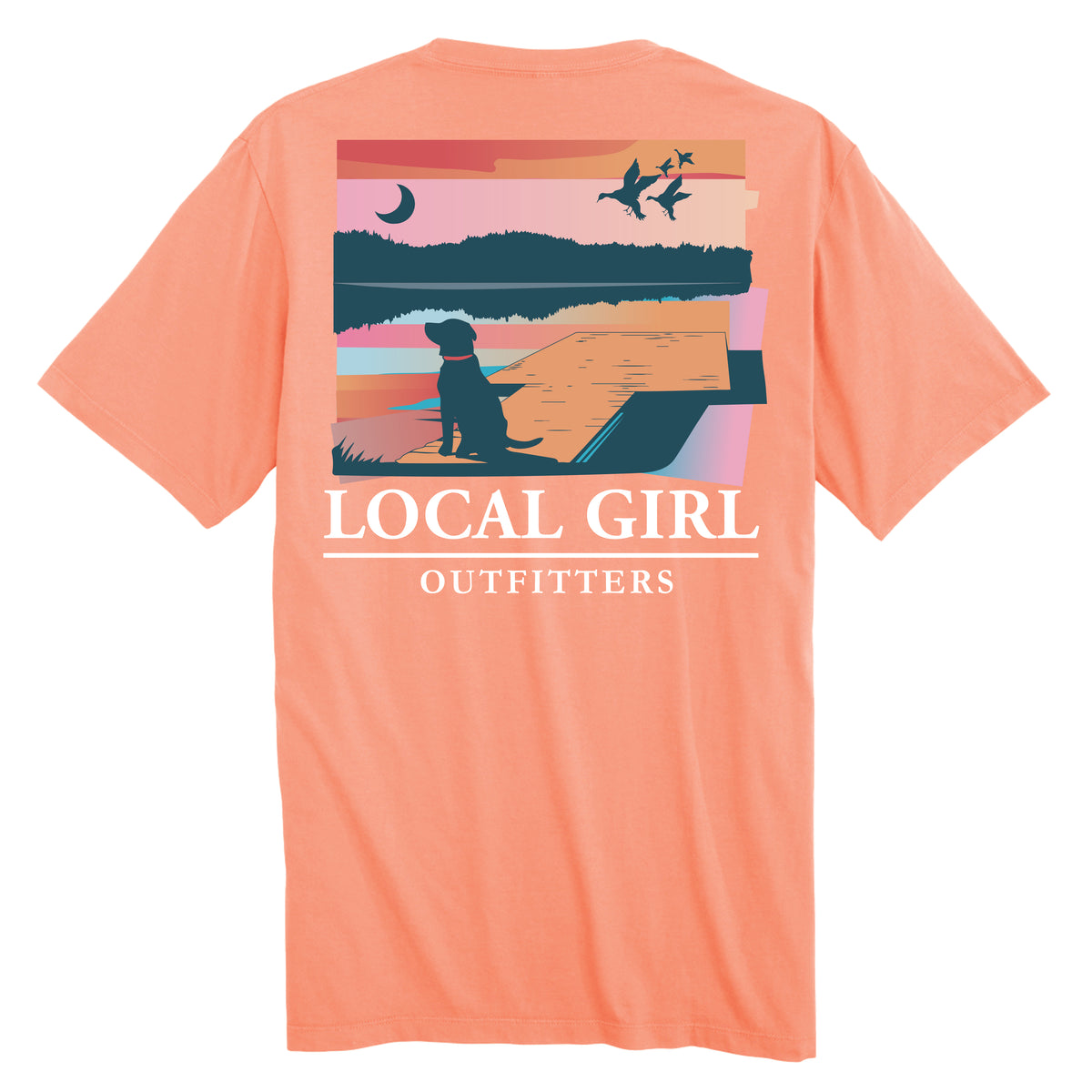 Local girl t-shirt with lab on dock graphic on the back.