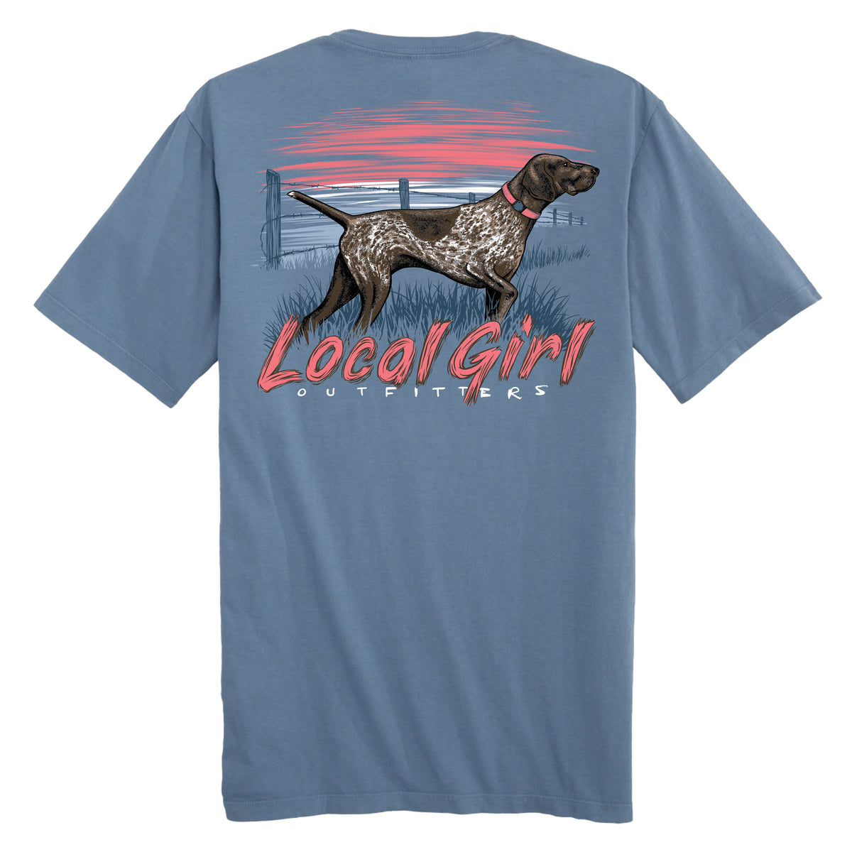 Local Girl Outfitters slate blue short sleeve t-shirt with a pointer dog in front of a sunset back graphic shown on a white background.