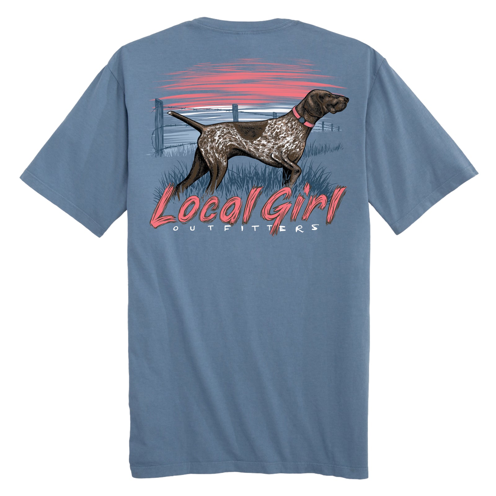 Local Girl Outfitters slate blue short sleeve t-shirt with a pointer dog in front of a sunset back graphic shown on a white background.