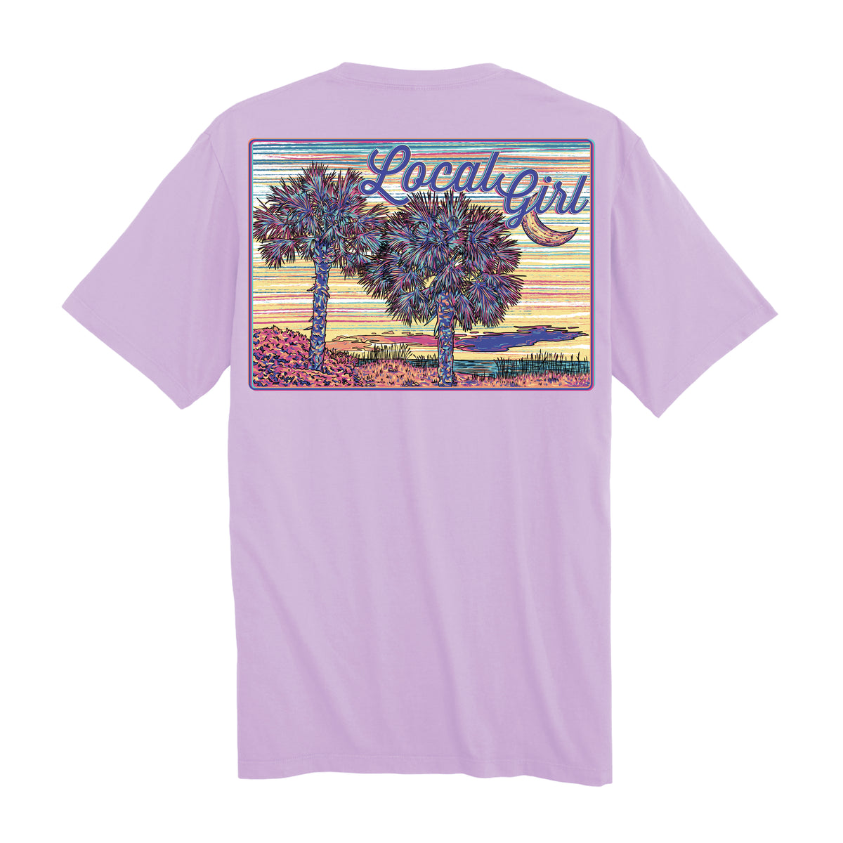 Local girl purple t-shirt with a palmetto tree painting design on the back.