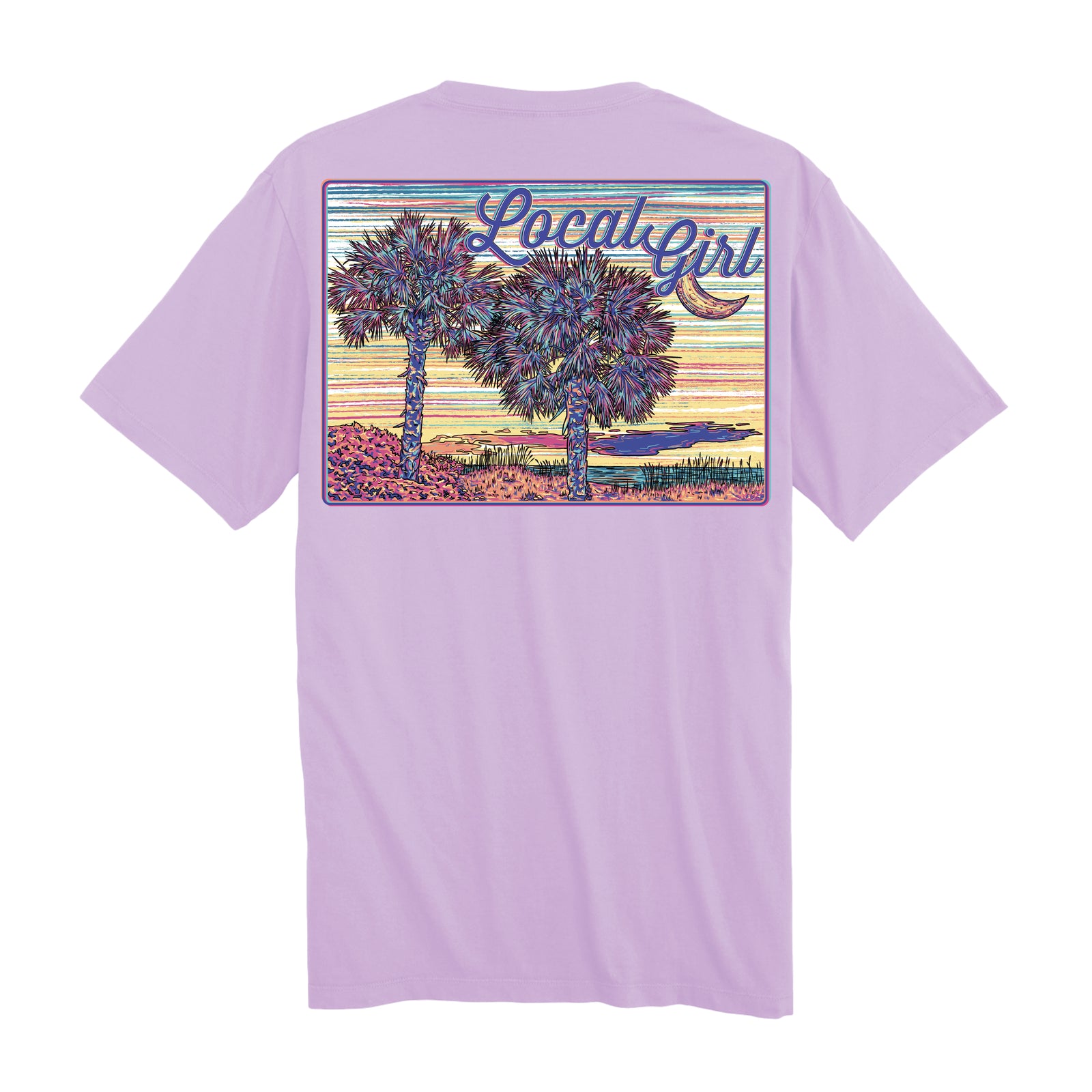 Local girl purple t-shirt with a palmetto tree painting design on the back.