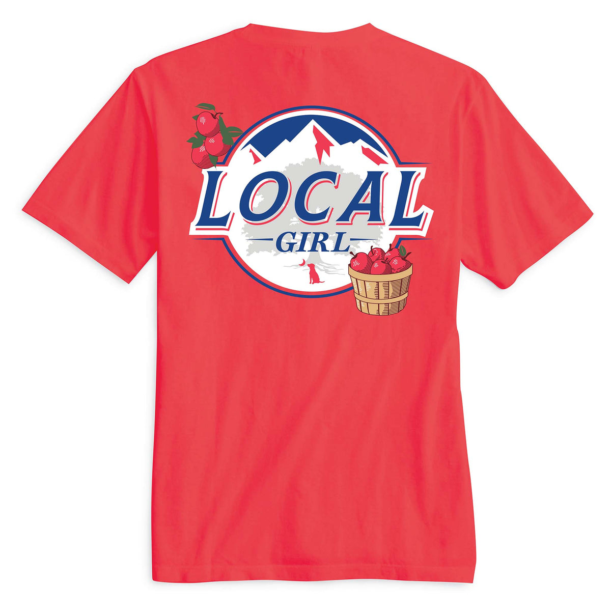 Local Girl Outfitters Bapple short sleeve t-shirt in paprika red. Back graphic mirrors a mountain-and-apples design with “LOCAL GIRL” text, apple illustrations, and a woven apple basket. Sizes S-XXL.