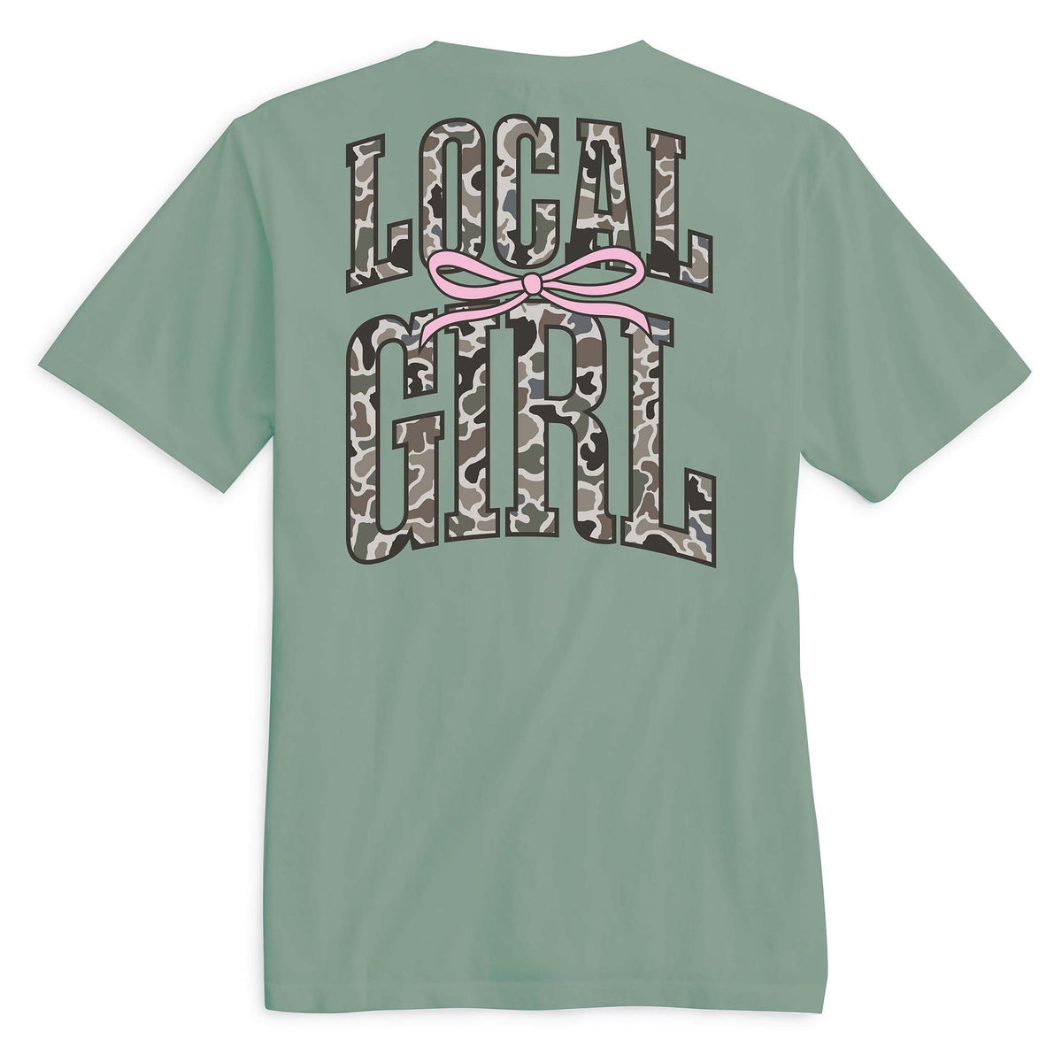 Green t-shirt with 'LOCAL GIRL' text and pink bow on a white background