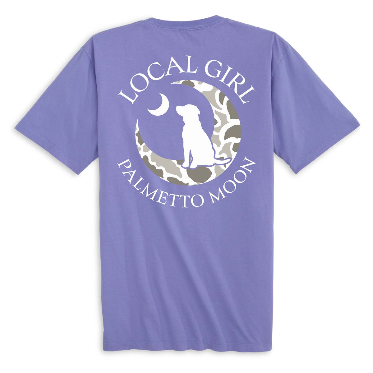 Local Girl Palmetto Moon violet t-shirt with large back graphic featuring a dog silhouette inside a camo crescent moon and a small crescent above.