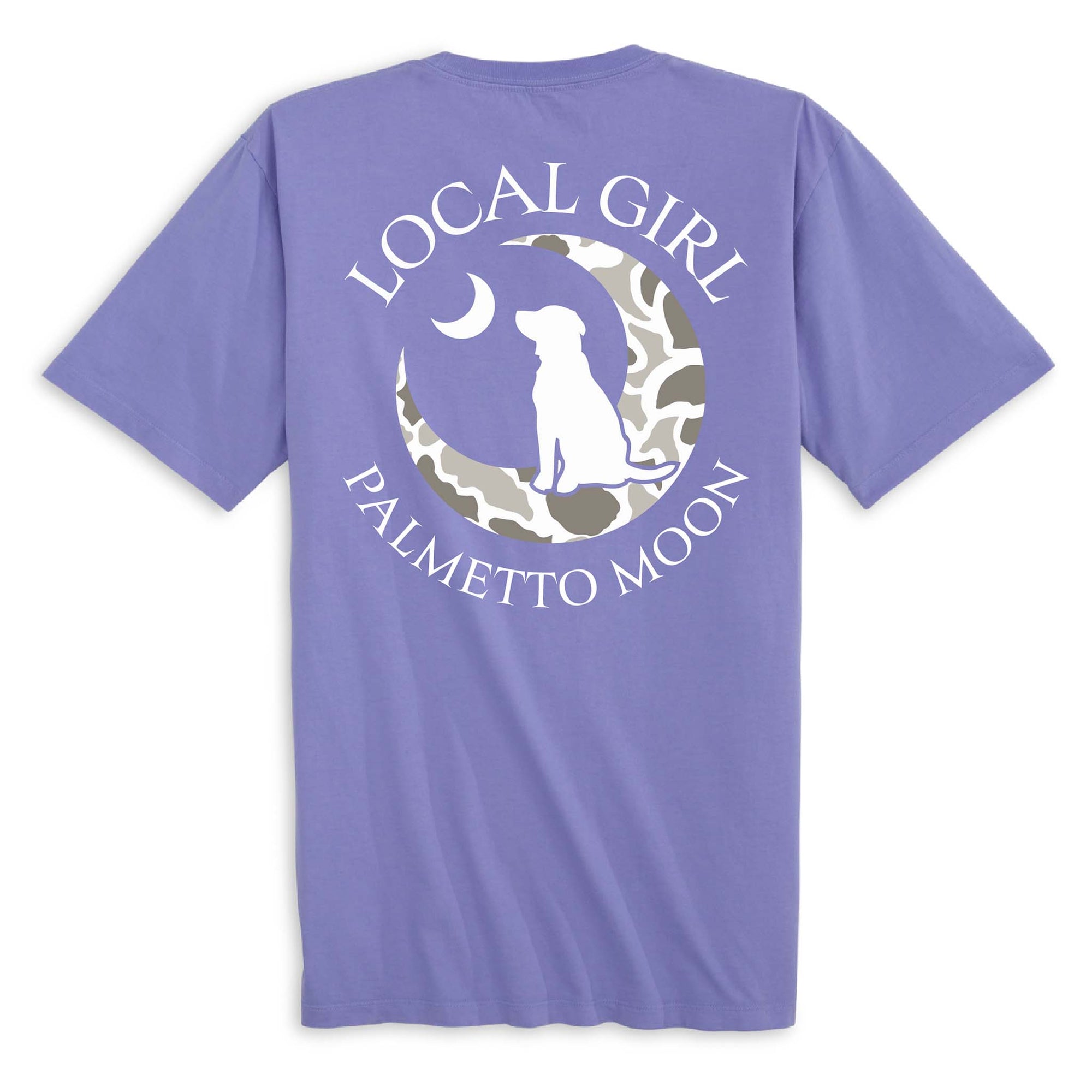 Local Girl Palmetto Moon violet t-shirt with large back graphic featuring a dog silhouette inside a camo crescent moon and a small crescent above.