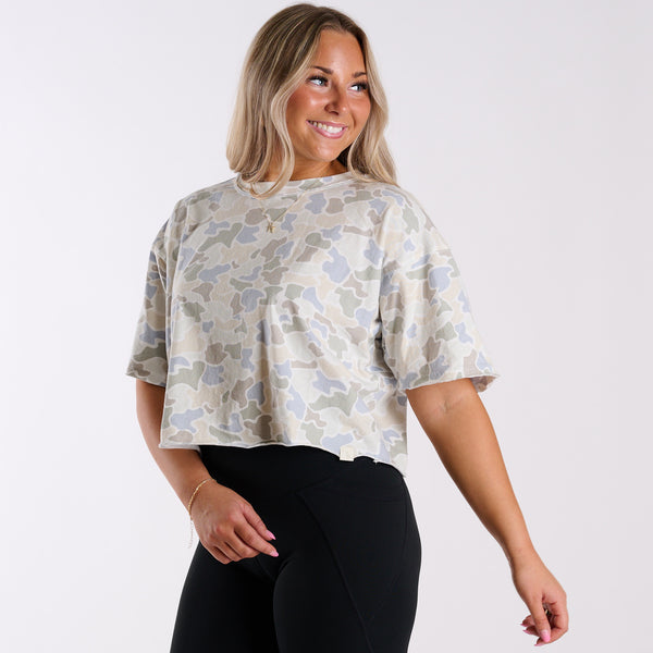 Short Sleeve Boxy Cropped Athletic Top in Saltwater Forest Camo