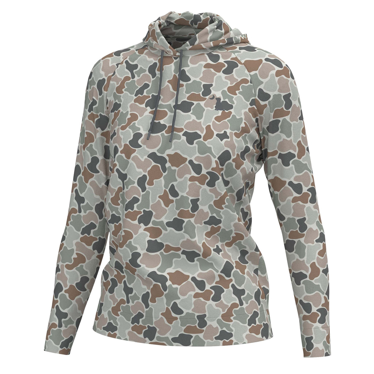 Front view of long-sleeve hooded shirt in green, brown, and gray camouflage pattern with drawstring hood.