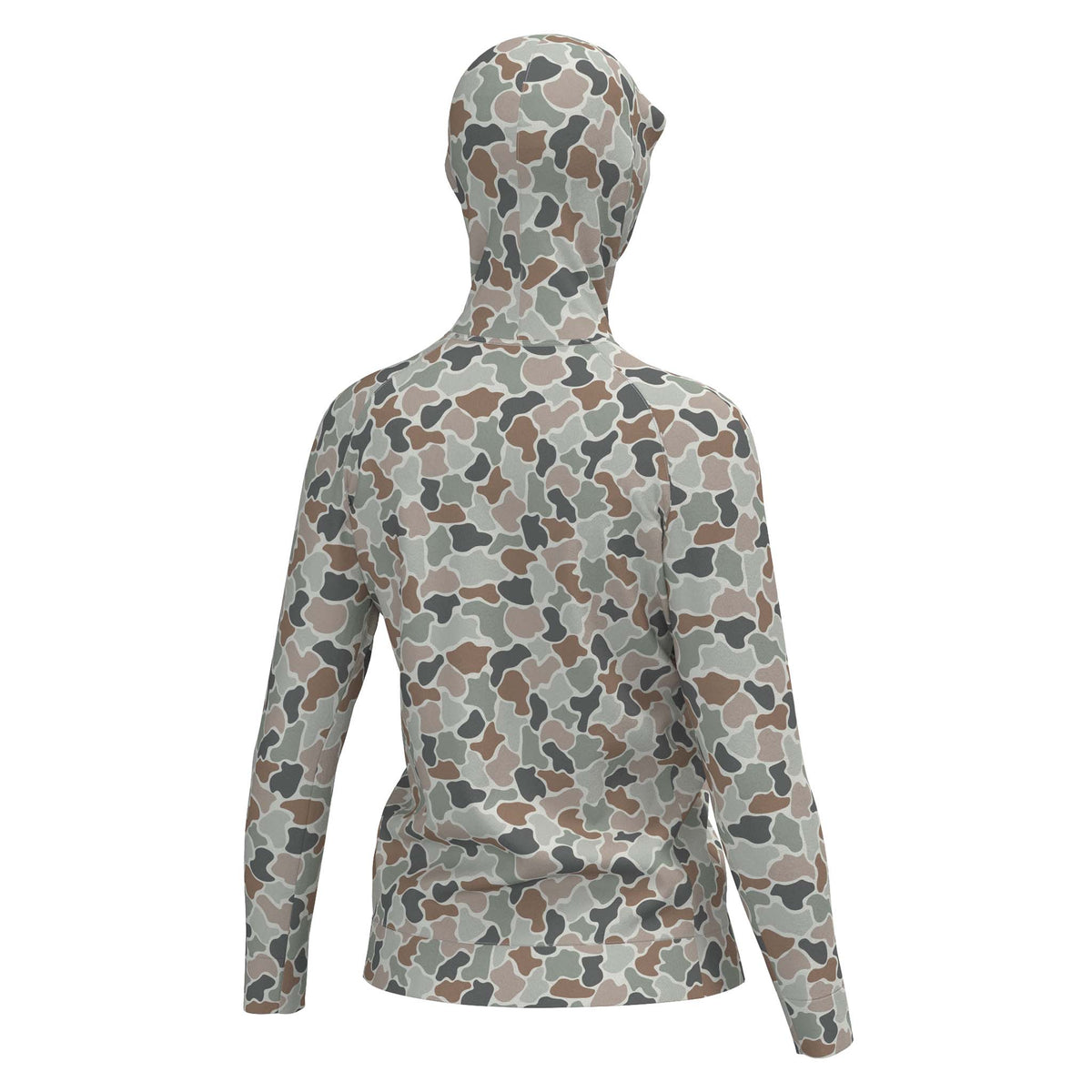 Back view of long-sleeve hooded shirt in green, brown, and gray camouflage pattern with fitted hood.