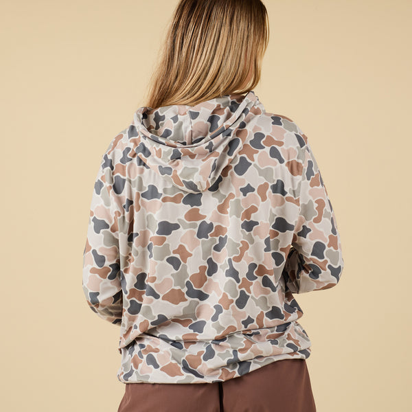 Back view of camo floral print hoodie with relaxed fit.