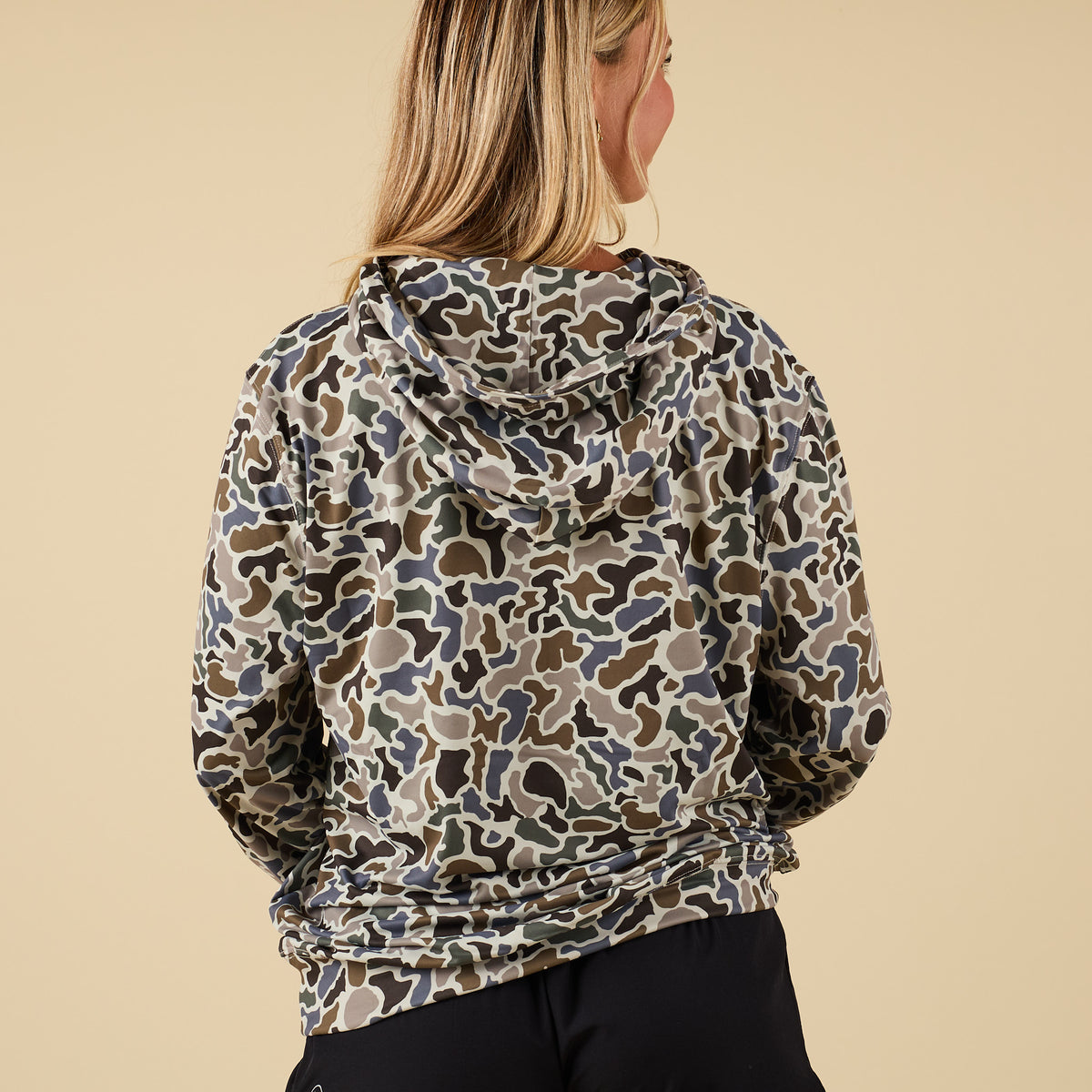 Full back view of Localflage camo print performance hoodie with relaxed fit.