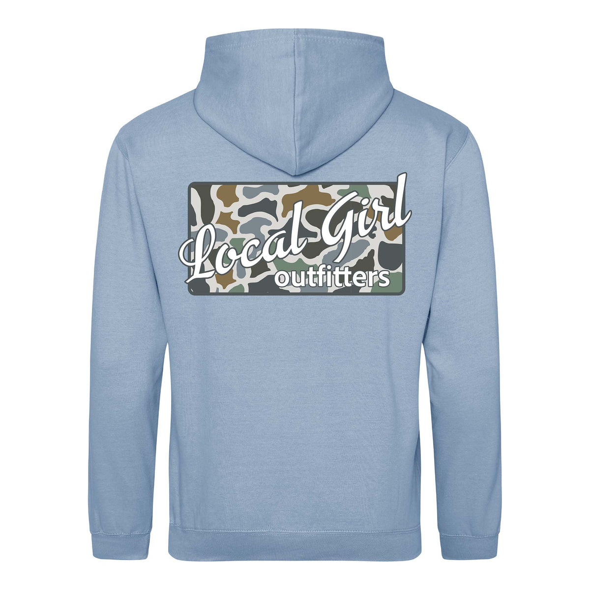 Light blue hoodie with 'Local Girl Outfitters' logo on the back against a white background