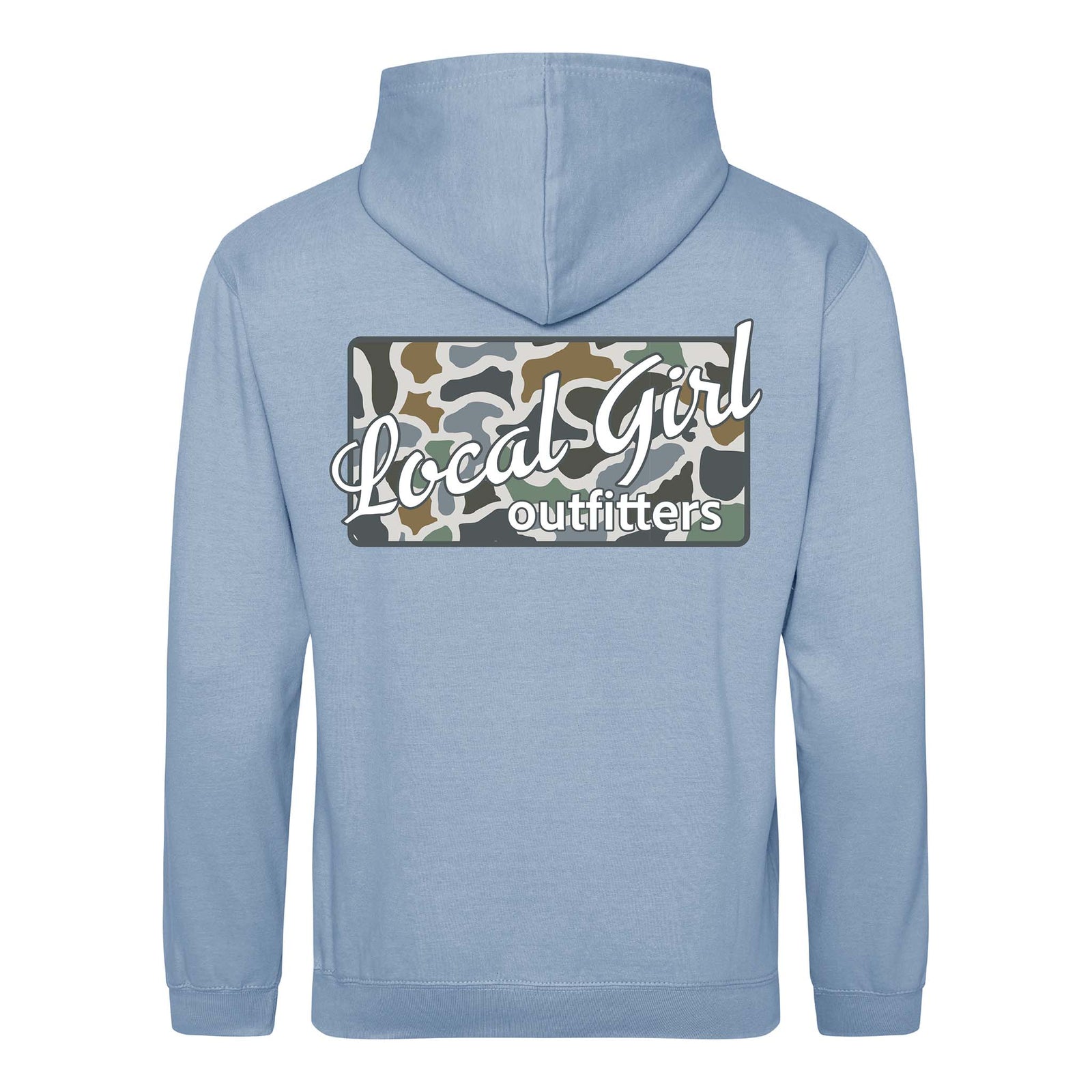 Light blue hoodie with 'Local Girl Outfitters' logo on the back against a white background