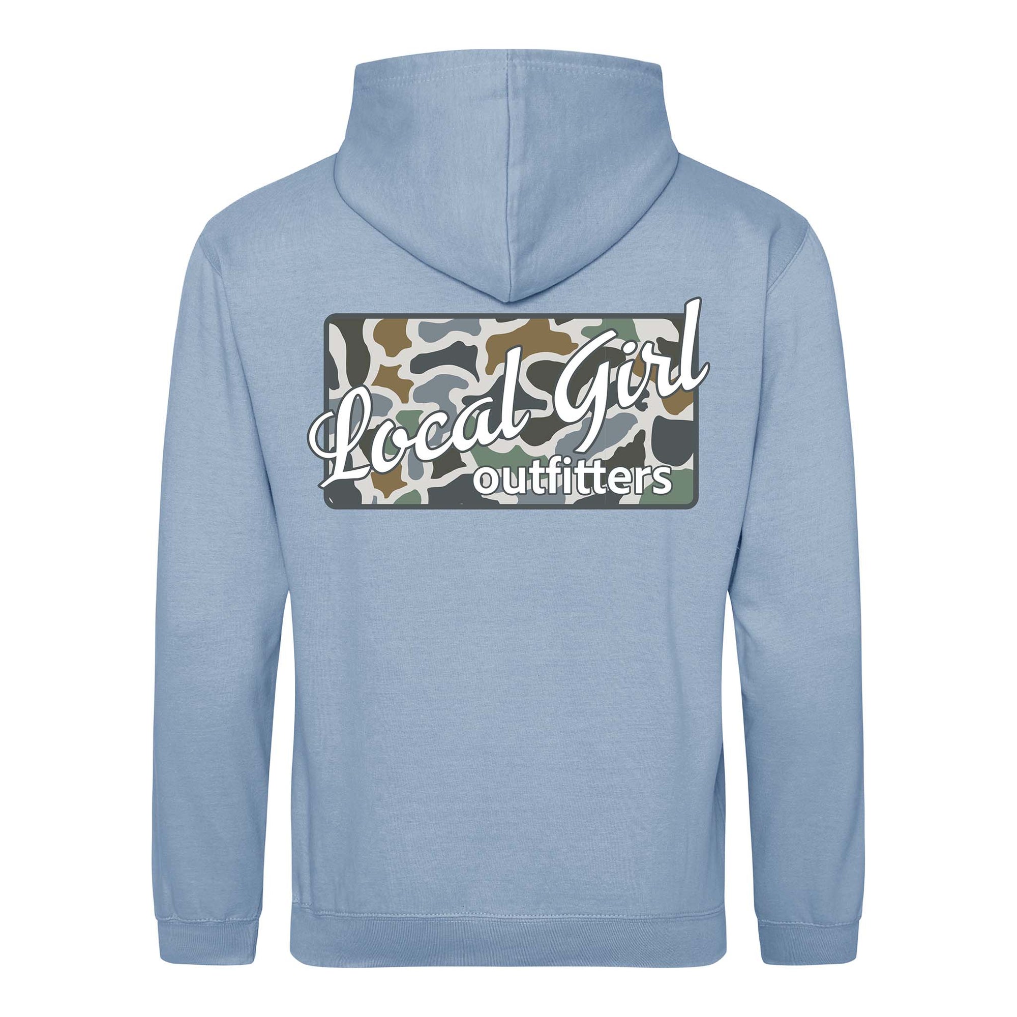 Light blue hoodie with 'Local Girl Outfitters' logo on the back against a white background