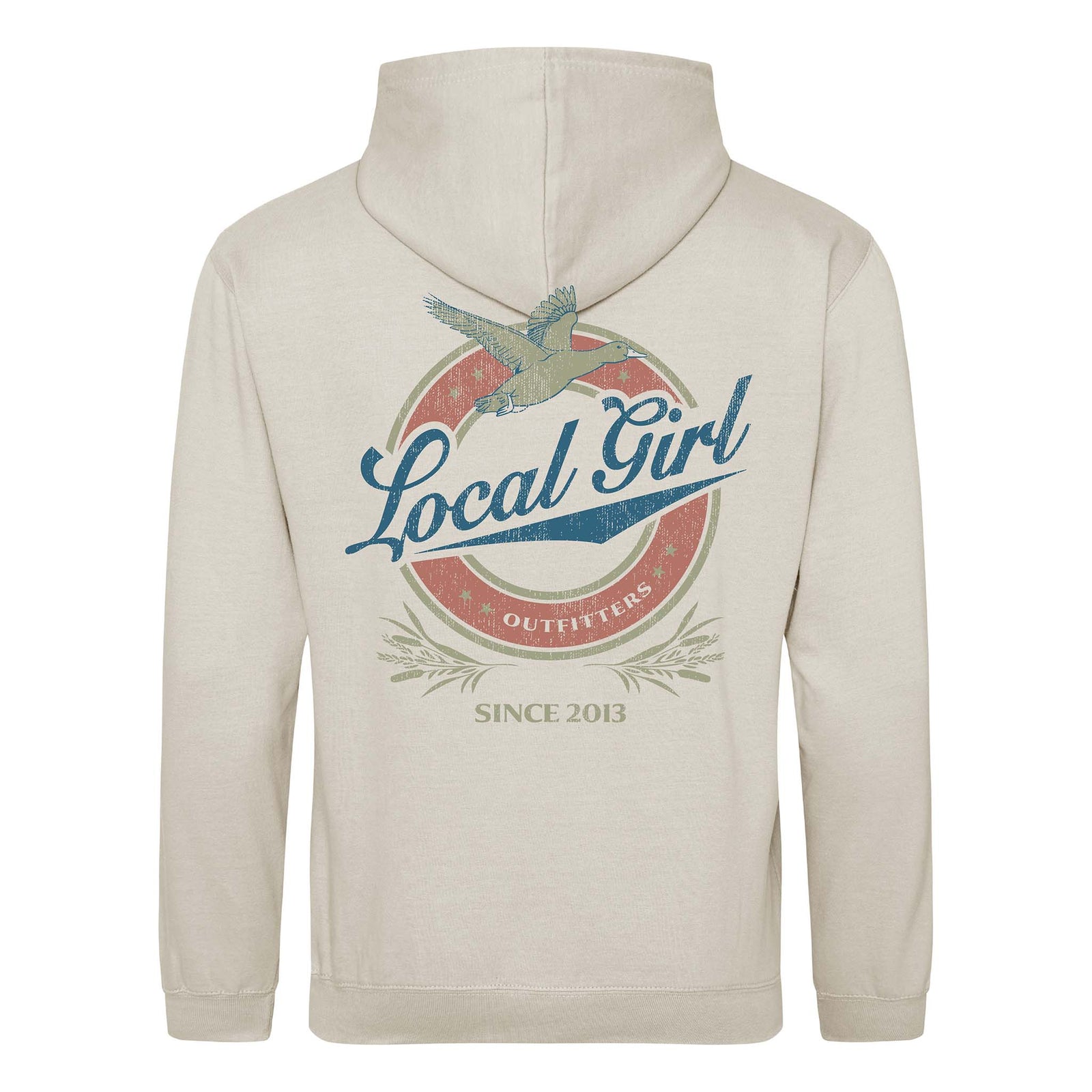 Beige hoodie with 'Local Girl Outfitters' logo on the back against a white background