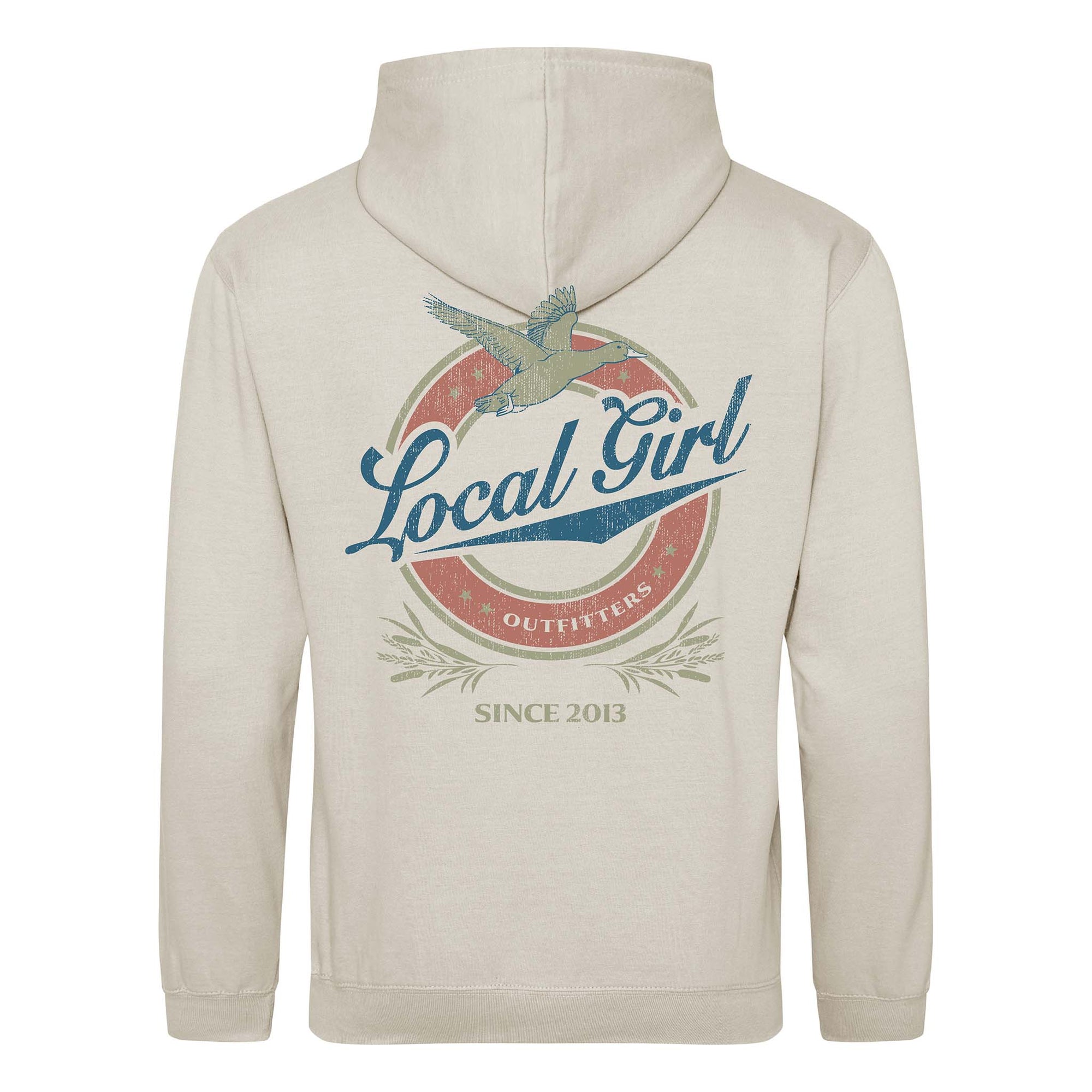 Beige hoodie with 'Local Girl Outfitters' logo on the back against a white background