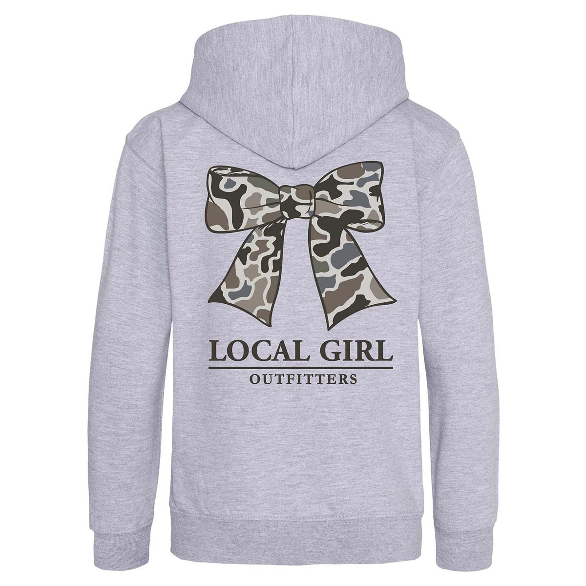 Gray hoodie with a camouflage bow graphic and 'Local Girl Outfitters' text on the back.