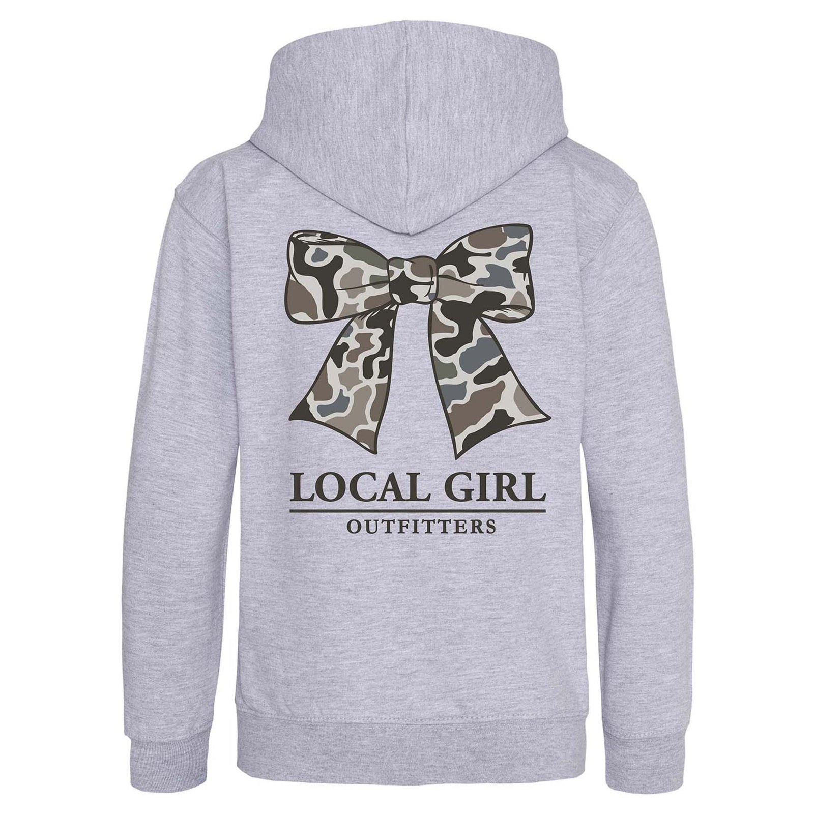 Gray hoodie with a camouflage bow graphic and 'Local Girl Outfitters' text on the back.