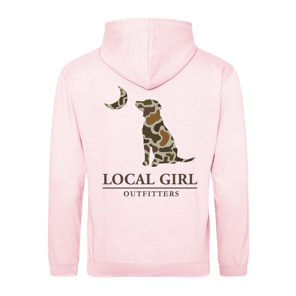 Pink hoodie with camouflage dog design and 'Local Girl Outfitters' text on a white background