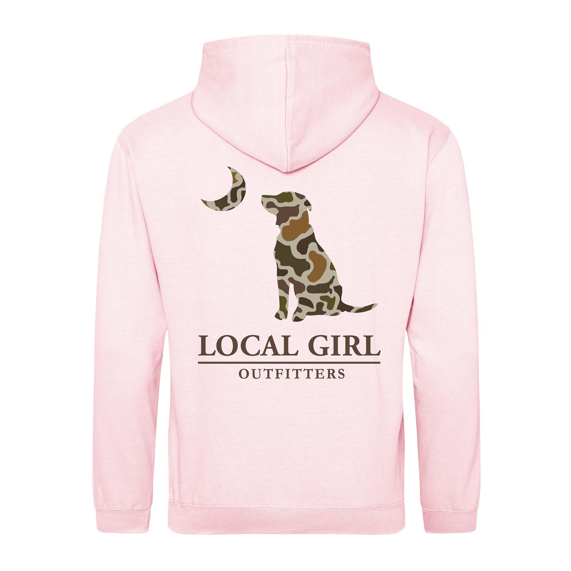 Pink hoodie with camouflage dog design and 'Local Girl Outfitters' text on a white background