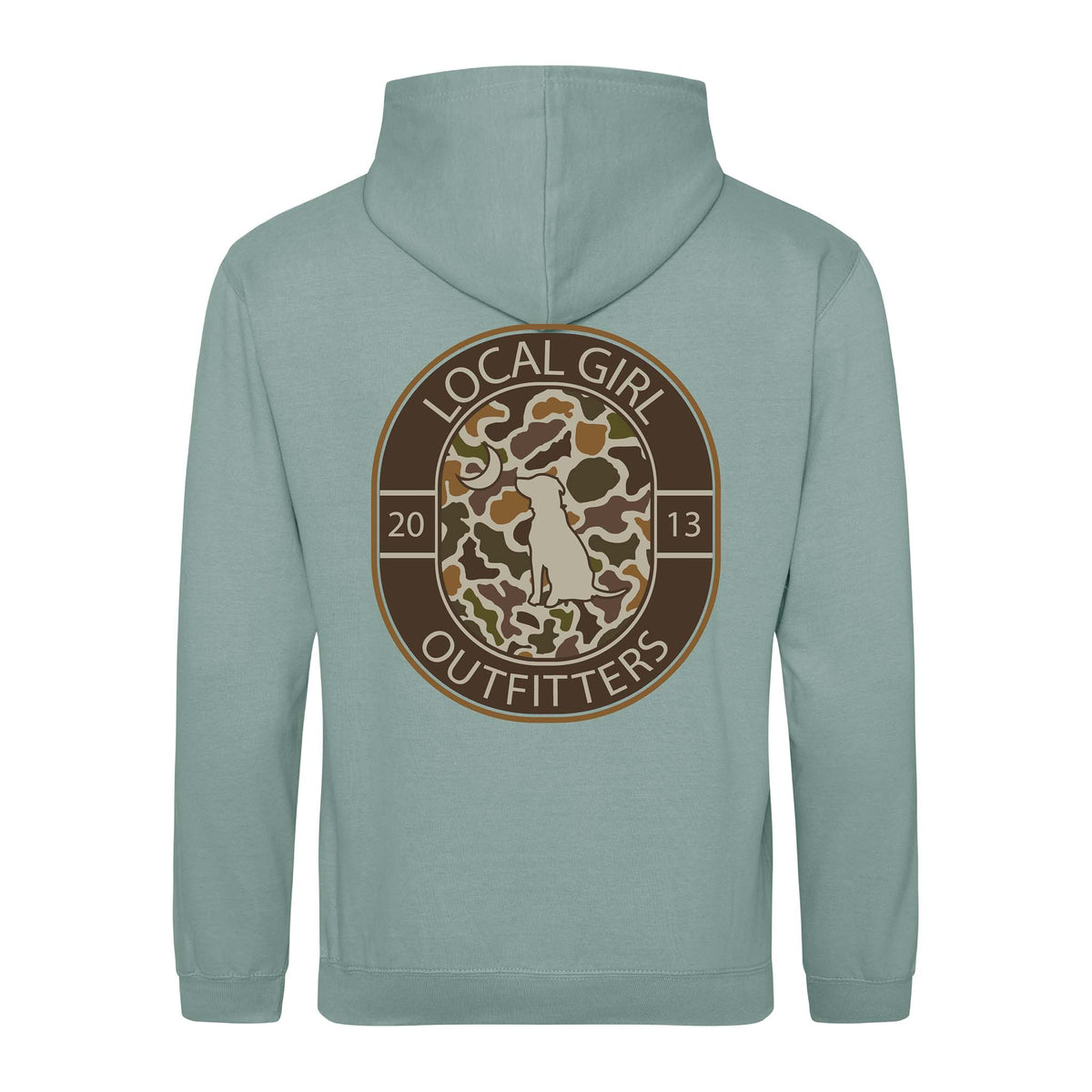 Dusty green hoodie with camo dog and moon emblem inside circular “Local Girl Outfitters 2013” logo design.