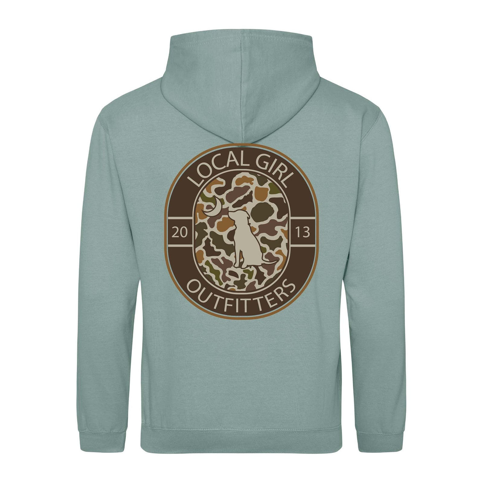 Dusty green hoodie with camo dog and moon emblem inside circular “Local Girl Outfitters 2013” logo design.