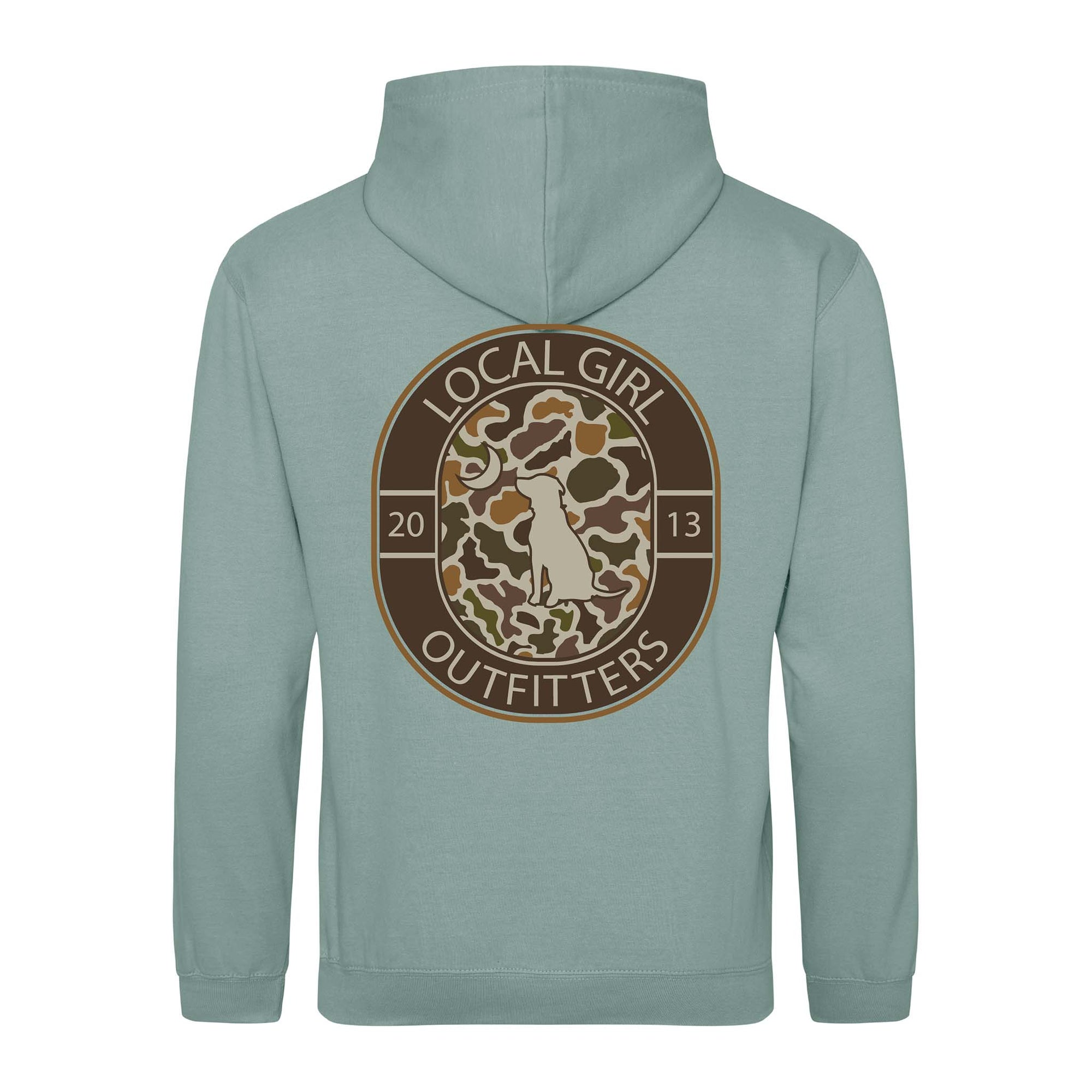 Dusty green hoodie with camo dog and moon emblem inside circular “Local Girl Outfitters 2013” logo design.