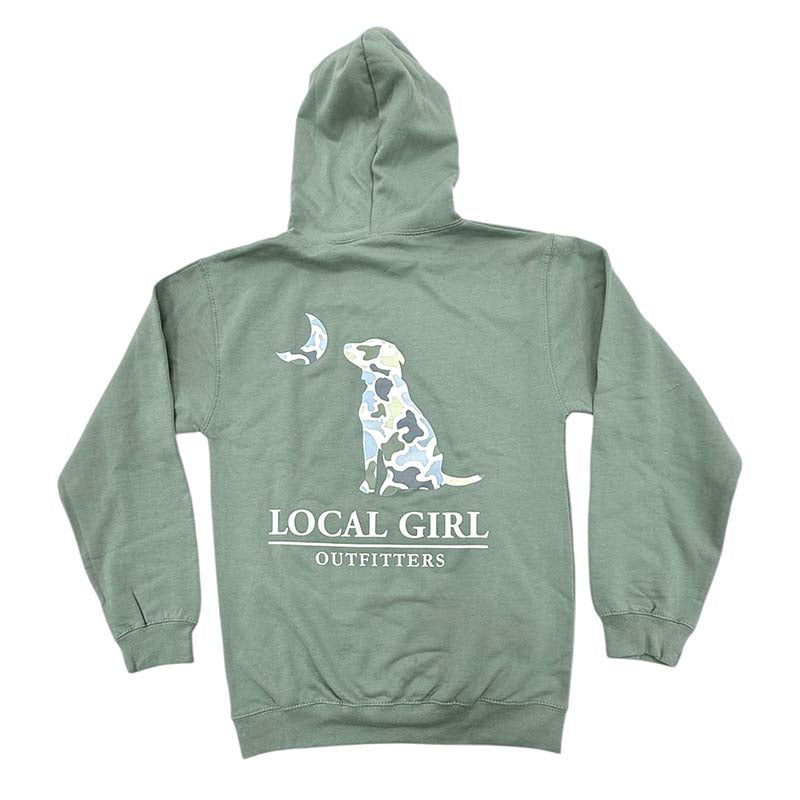 Local Girl Localflage Dog Moon Hoodie, color dusty green, sizes S-XXL, 100% cotton, unisex sizing.
The back design of this hoodie features a local girl outfitters logo filled with blue, green, and grey camo. Front left chest is the same logo.