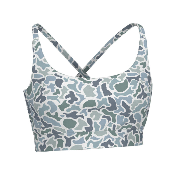 White camo print criss-cross back sports bra