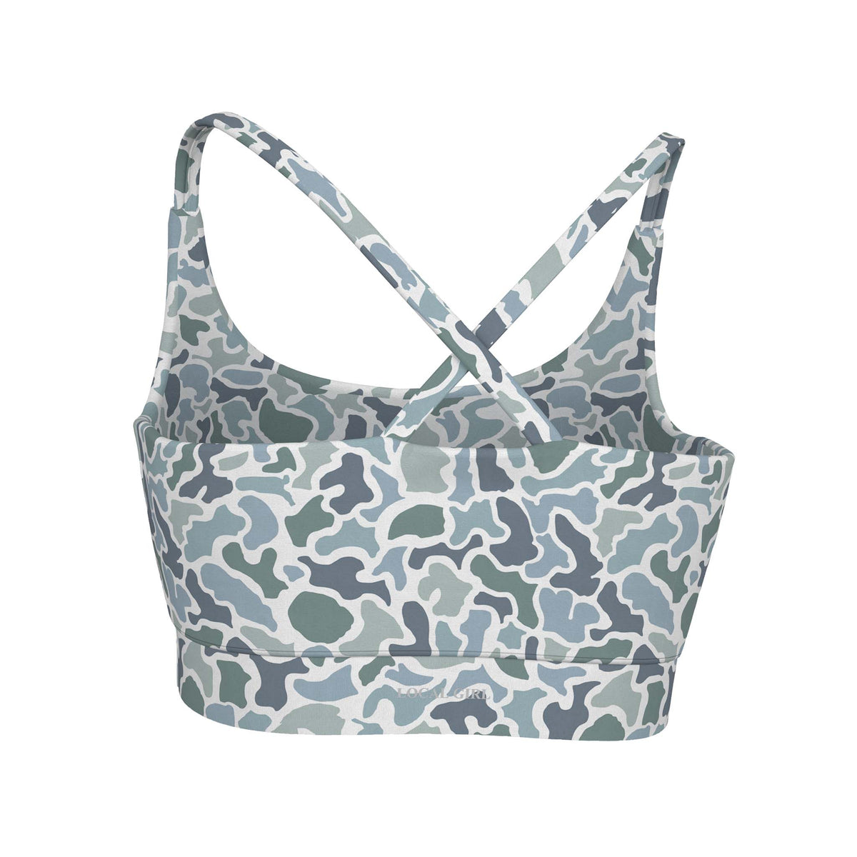 White camo print criss-cross back sports bra
