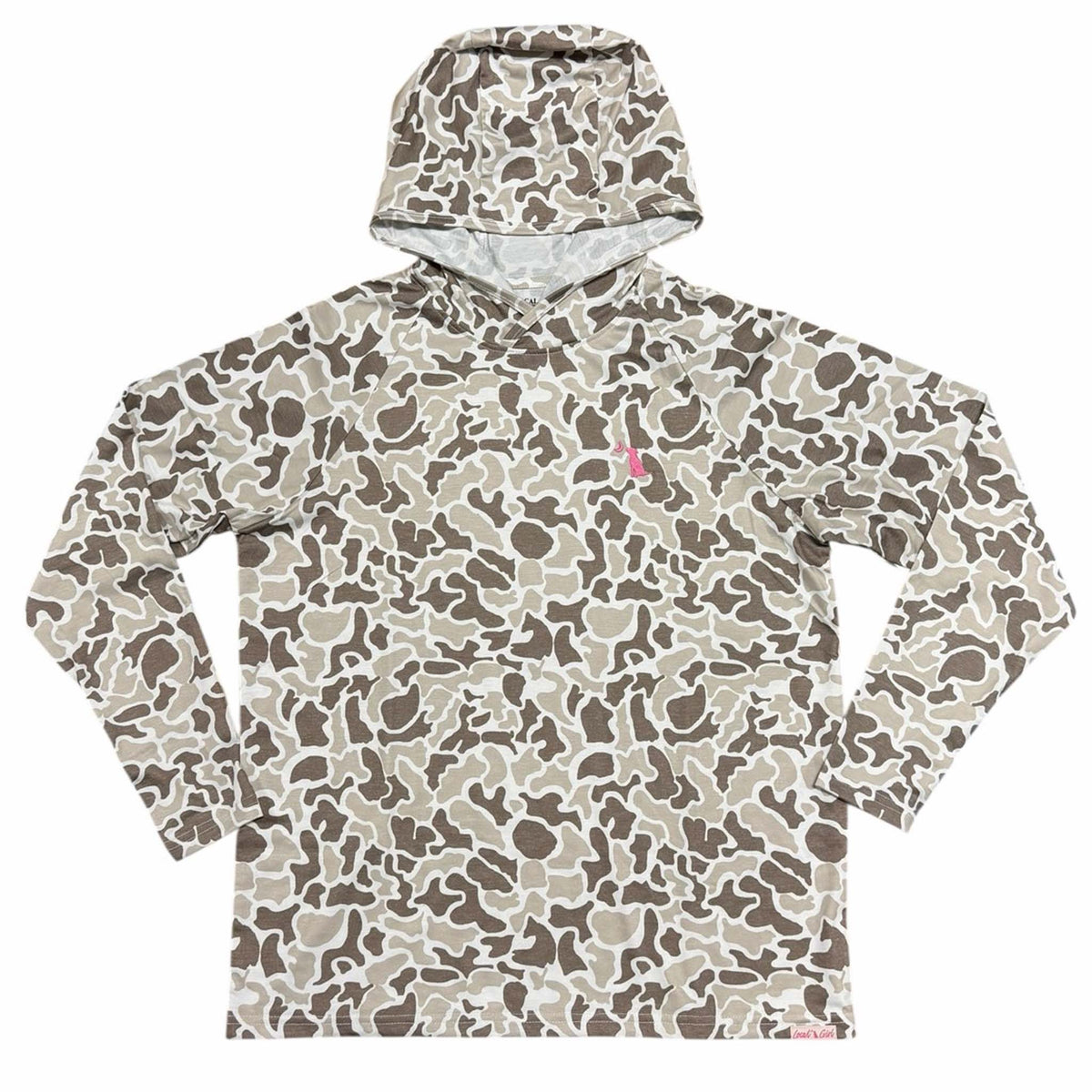 Local Girl Outfitters long sleeve hooded t-shirt in tan and brown camo pattern.