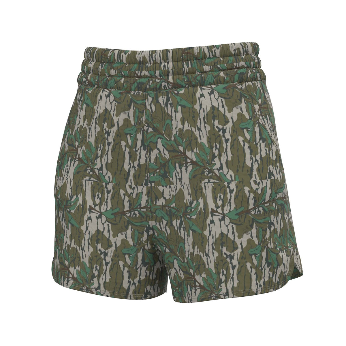 back of high rise womens volley shorts in green leaf camo by local boy outfitters. Elastic waistband and side pockets.