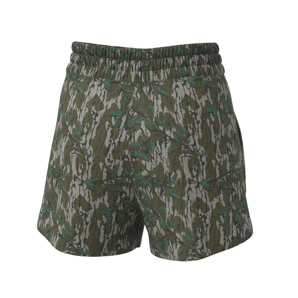 front of high rise womens volley shorts in green leaf camo by local boy outfitters. Elastic waistband and side pockets.