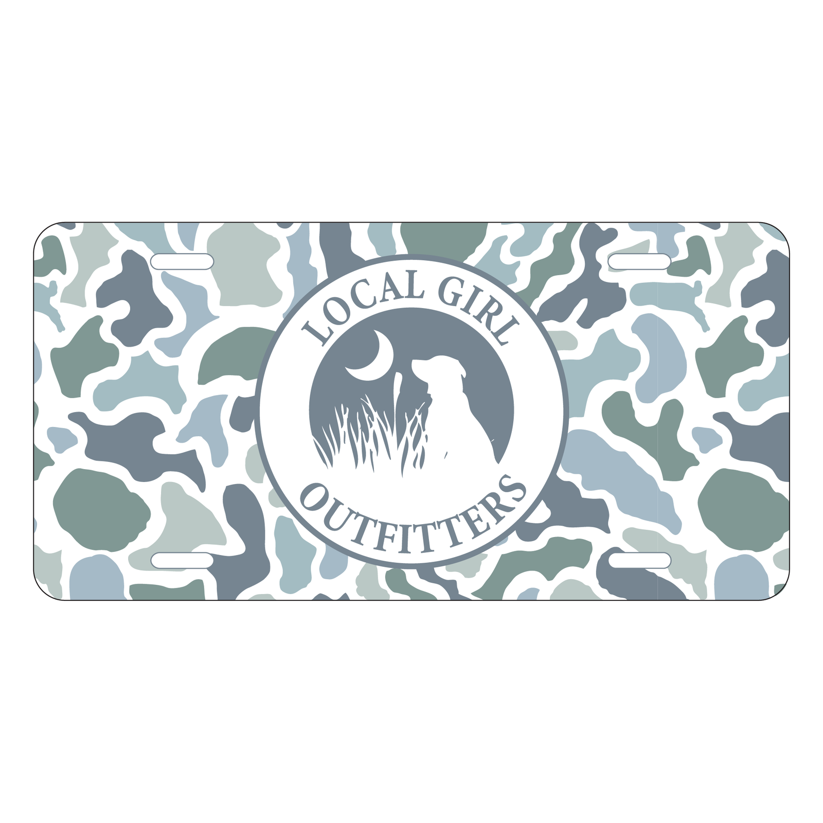 blue and grey Camouflage-patterned license plate with 'Local Girl Outfitters' logo